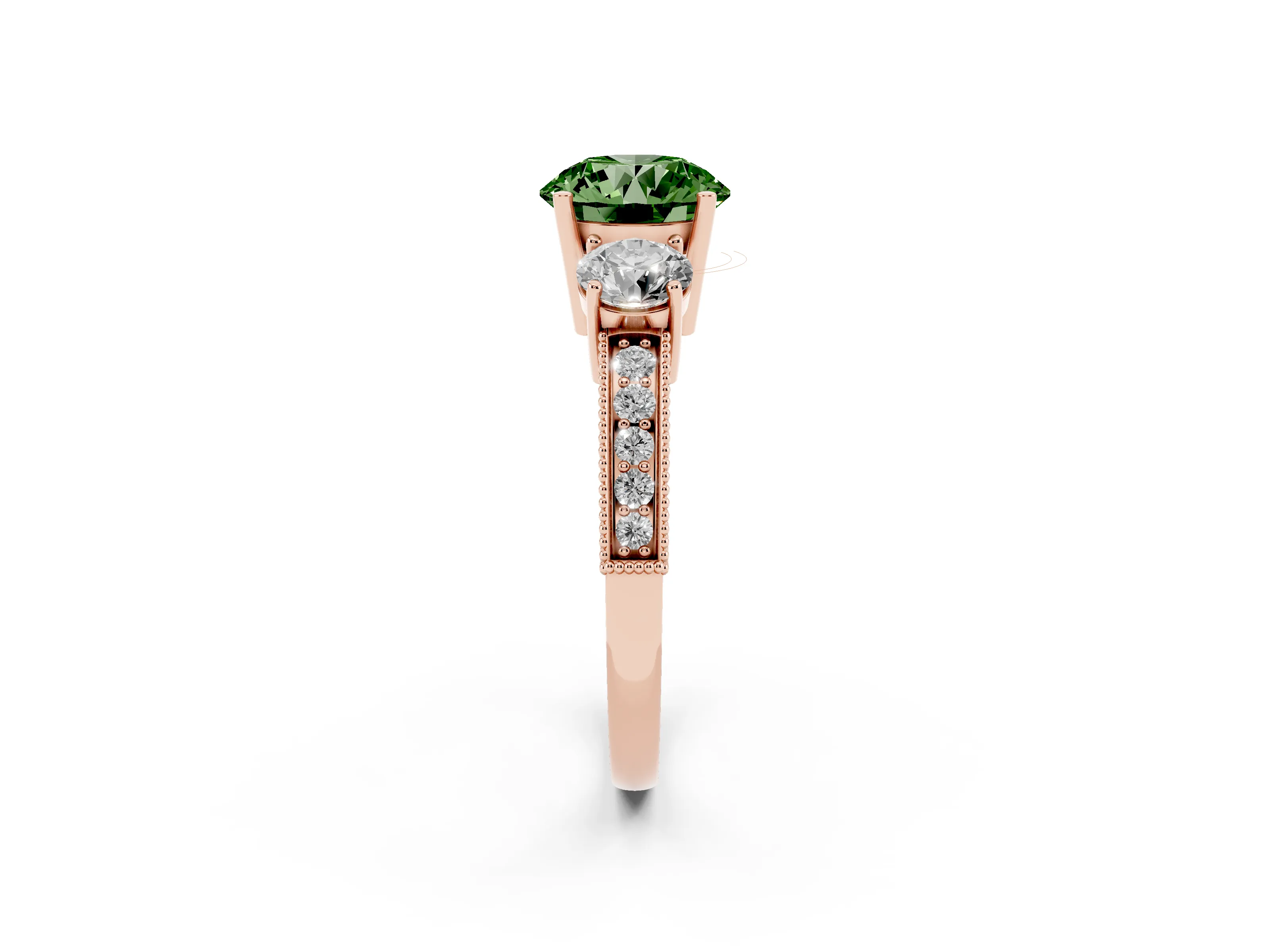 Fancy Green Round Cut Diamond Three-Stone Ring Set in Rose gold with Round Side Stones and Pavé Band