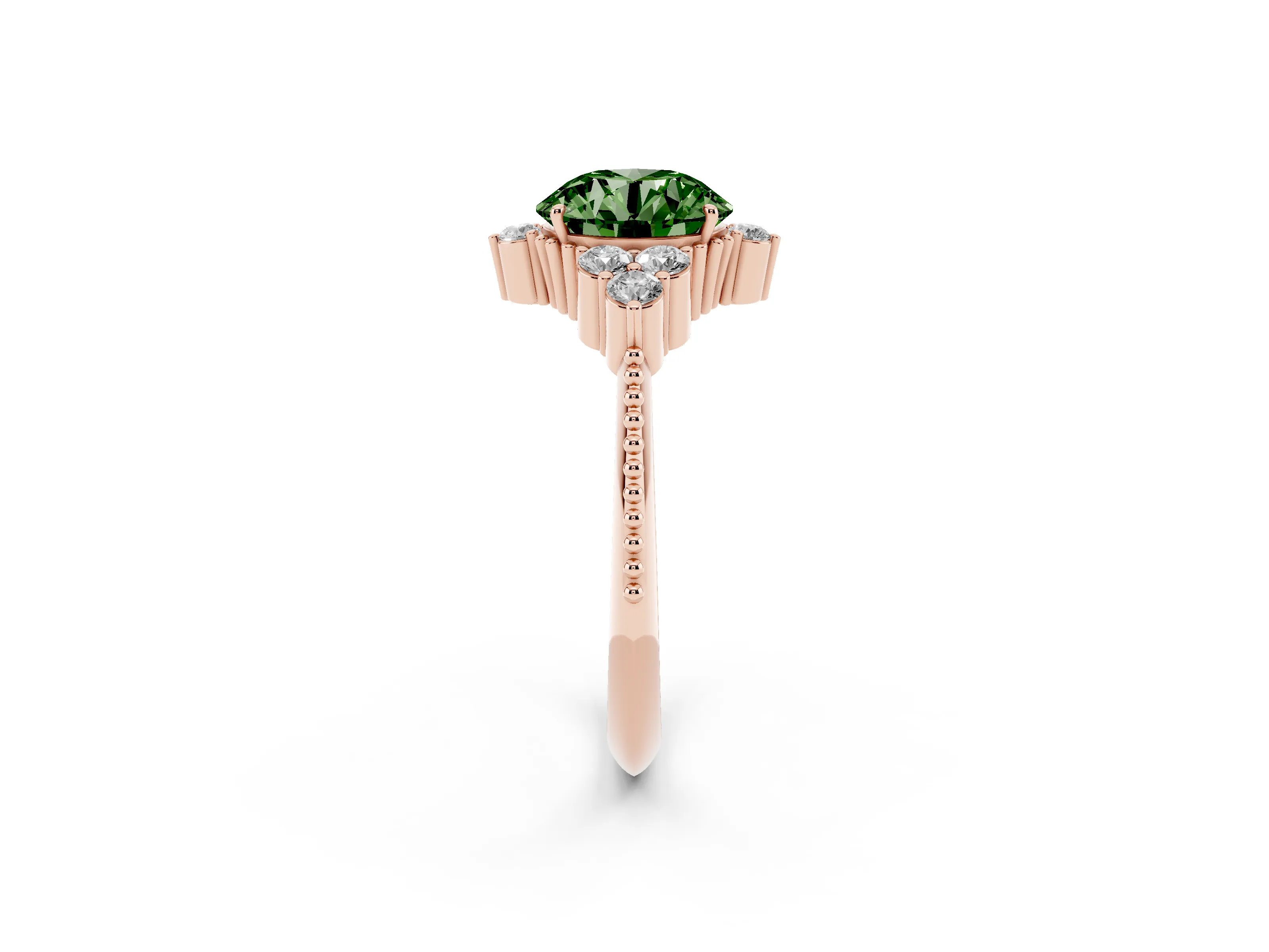 Fancy Green Round Cut Diamond Cluster Ring Set in Rose gold with Beaded Band