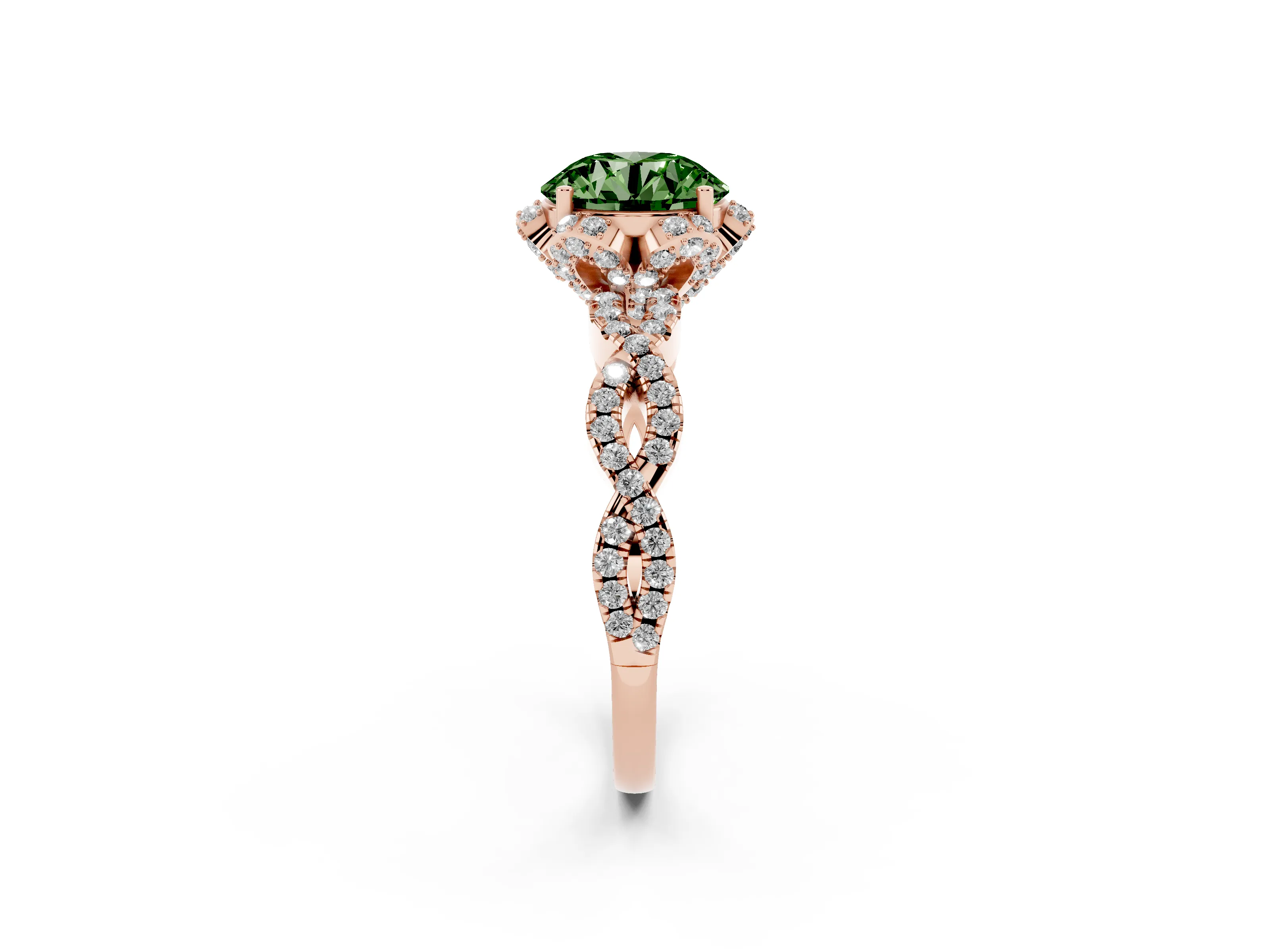 Fancy Green Round Cut Diamond Halo Twist Band Solitaire Ring Set in Rose gold with Prong-Set Center Stone