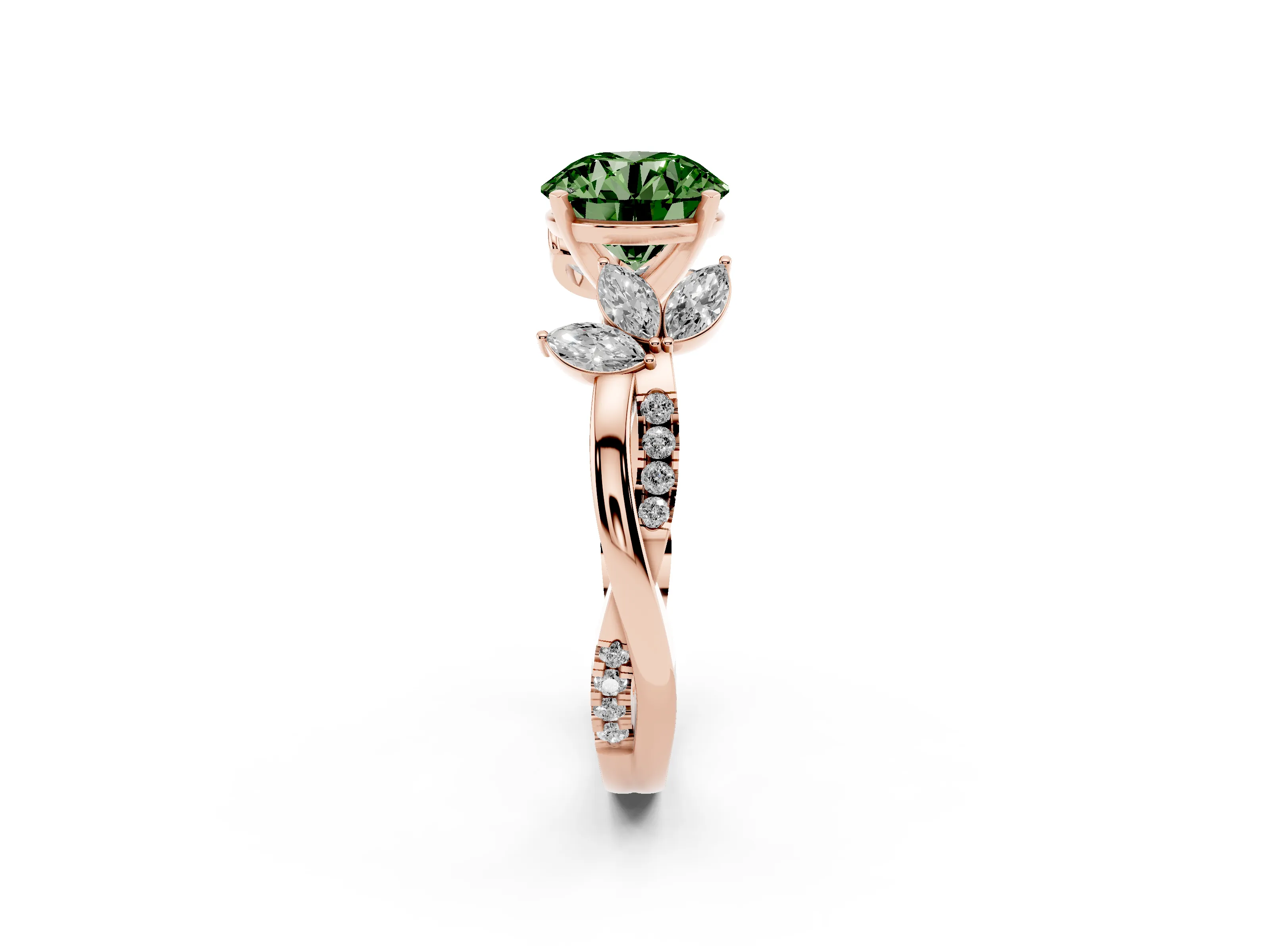 Fancy Green Round Cut Diamond Floral Vine Solitaire Engagement Ring Set in Rose gold with Marquise Leaves
