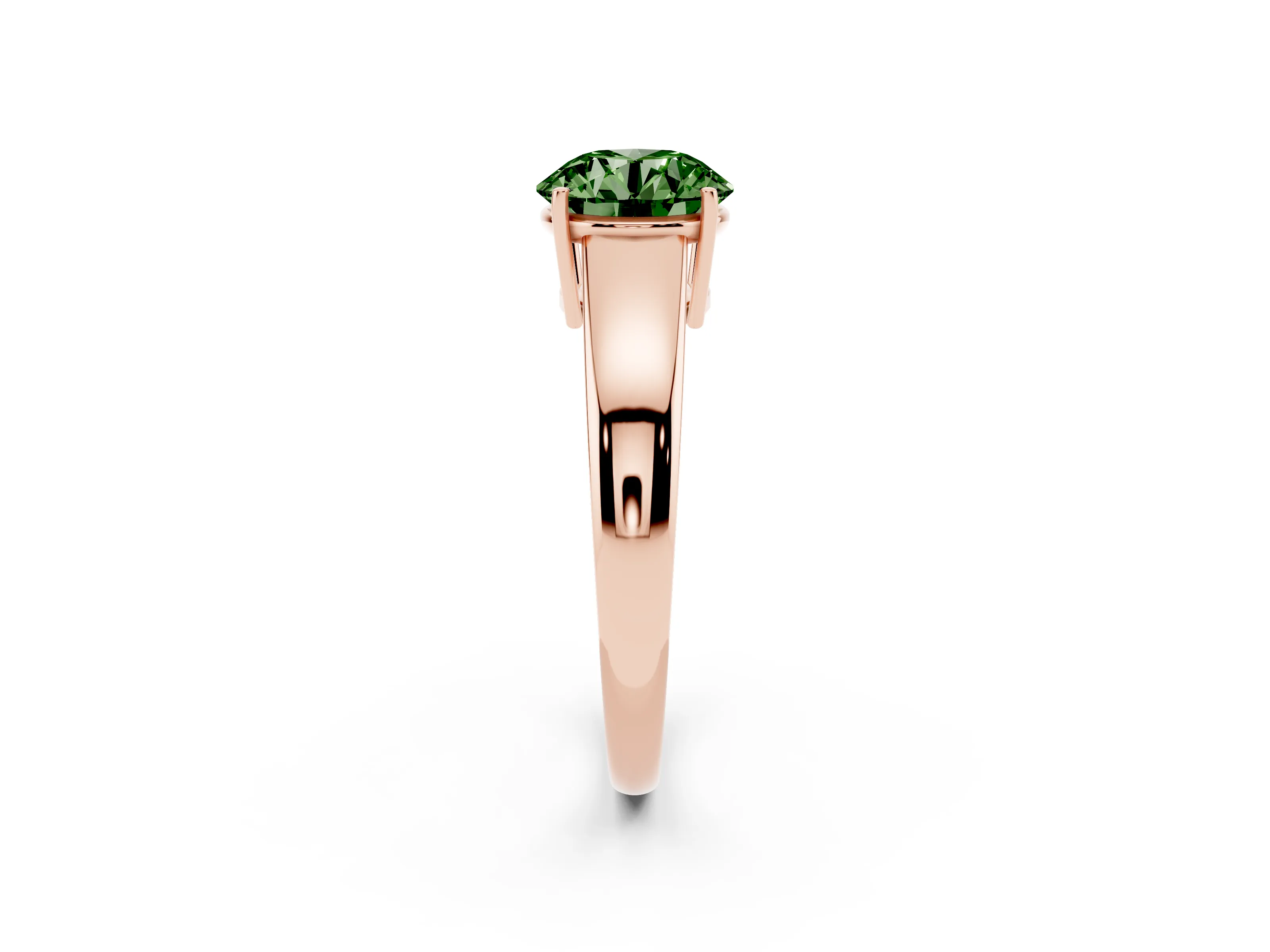 Fancy Green Round Cut Diamond Solitaire Ring Set in Rose gold with Tapered Band and Prong Setting