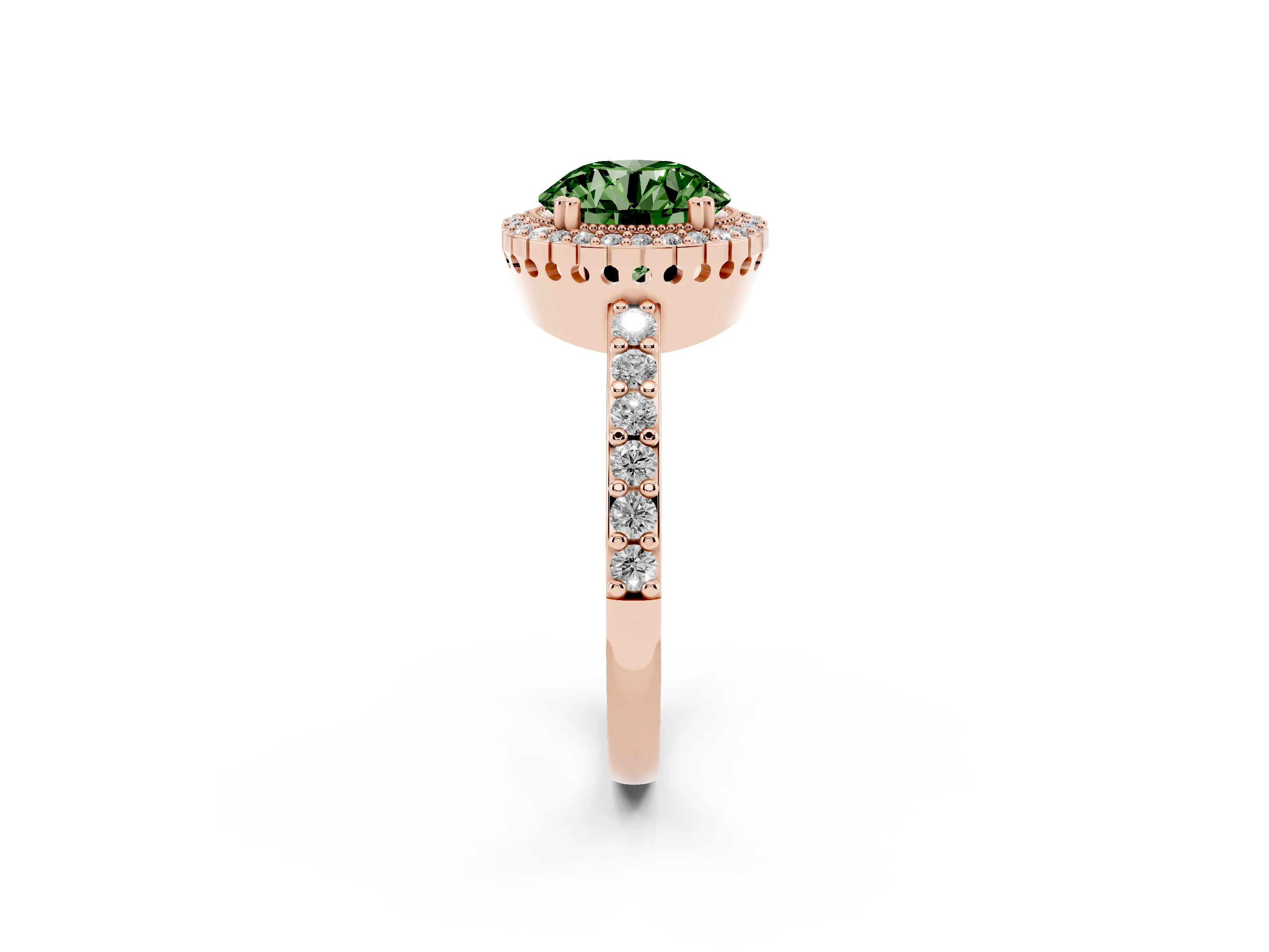 Fancy Green Round Cut Diamond Halo Engagement Ring Set in Rose gold with Milgrain Detail and Pavé Band