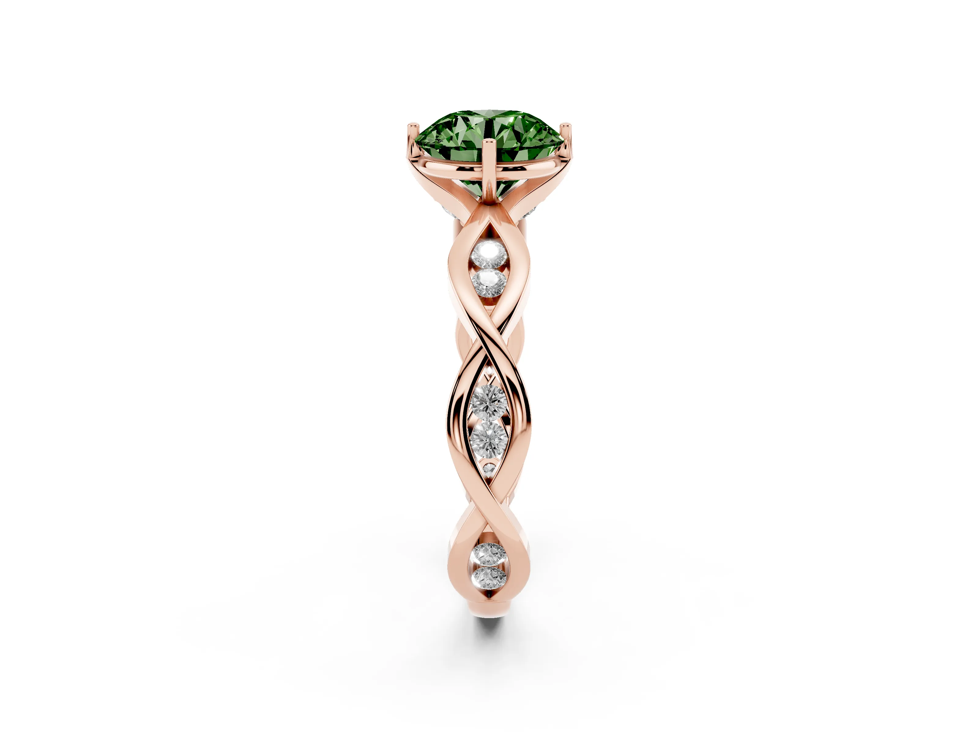 Fancy Green Round Cut Diamond Twist Band Solitaire Ring Set in Rose gold with Leaf Prong Setting and Accent Stones