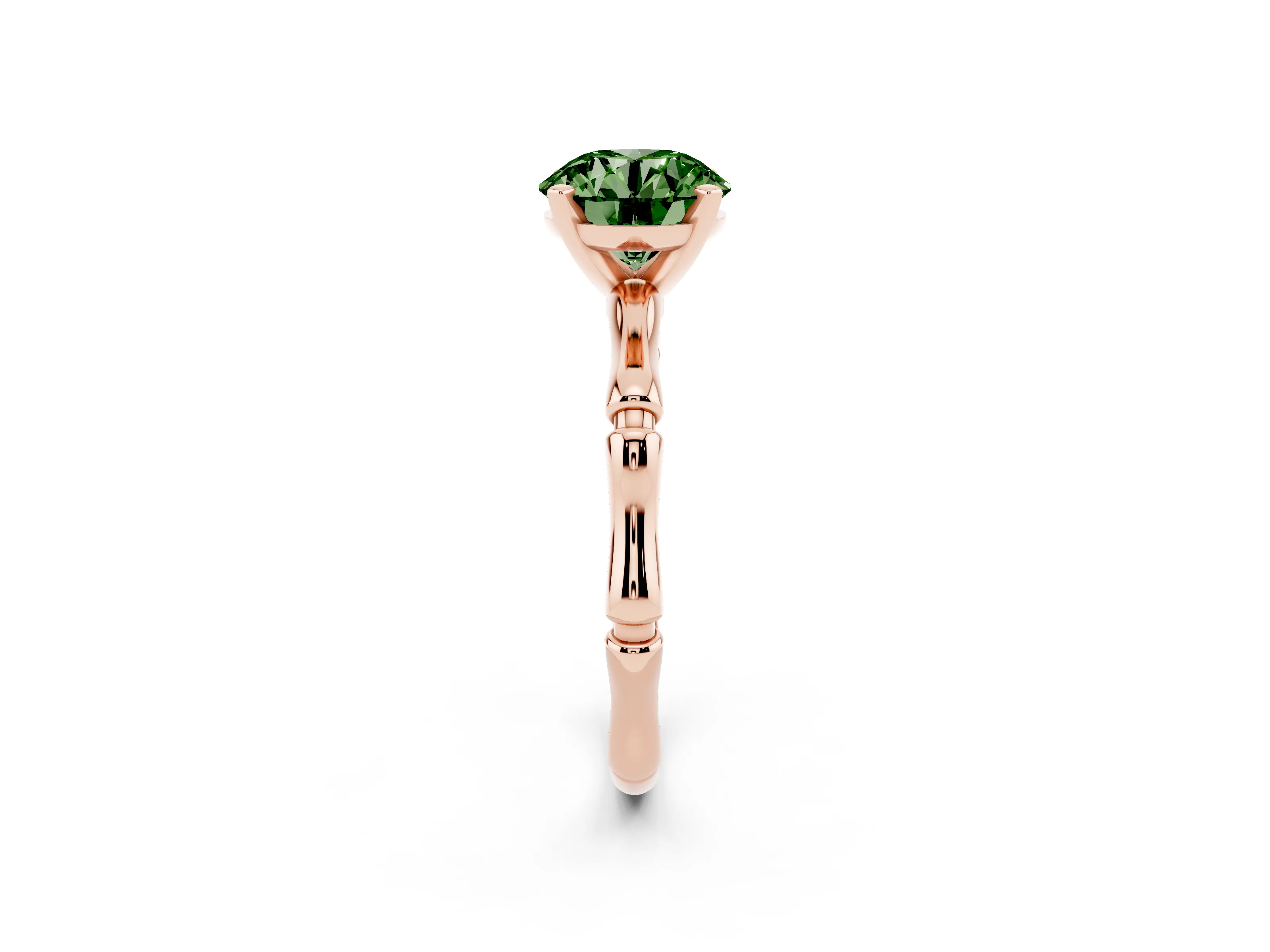 Fancy Green Round Cut Diamond Solitaire Ring Set in Rose gold with Bamboo Band and Prong Setting