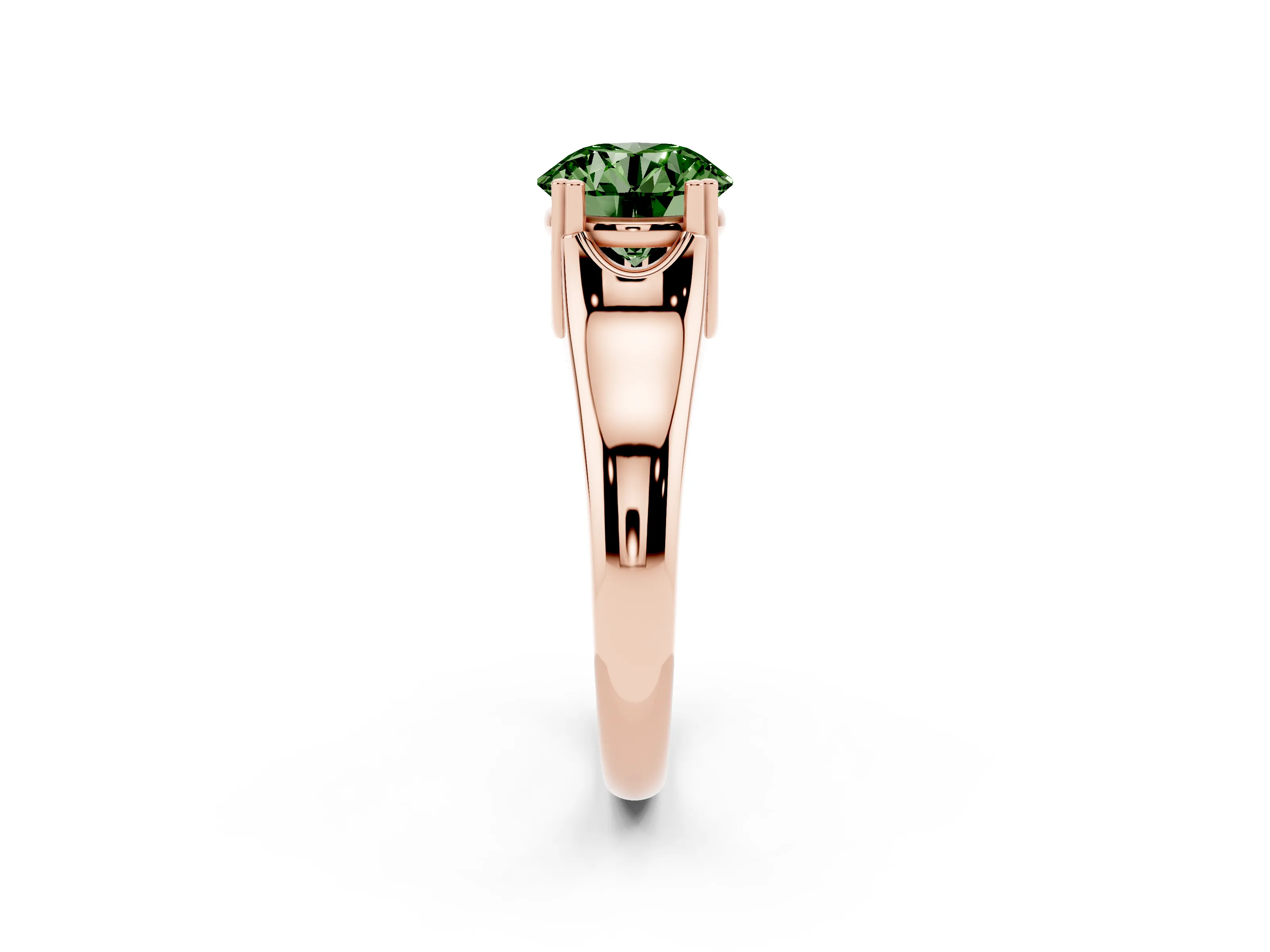 Fancy Green Round Cut Diamond Solitaire Ring Set in Rose gold with Wide Band and Prong Setting