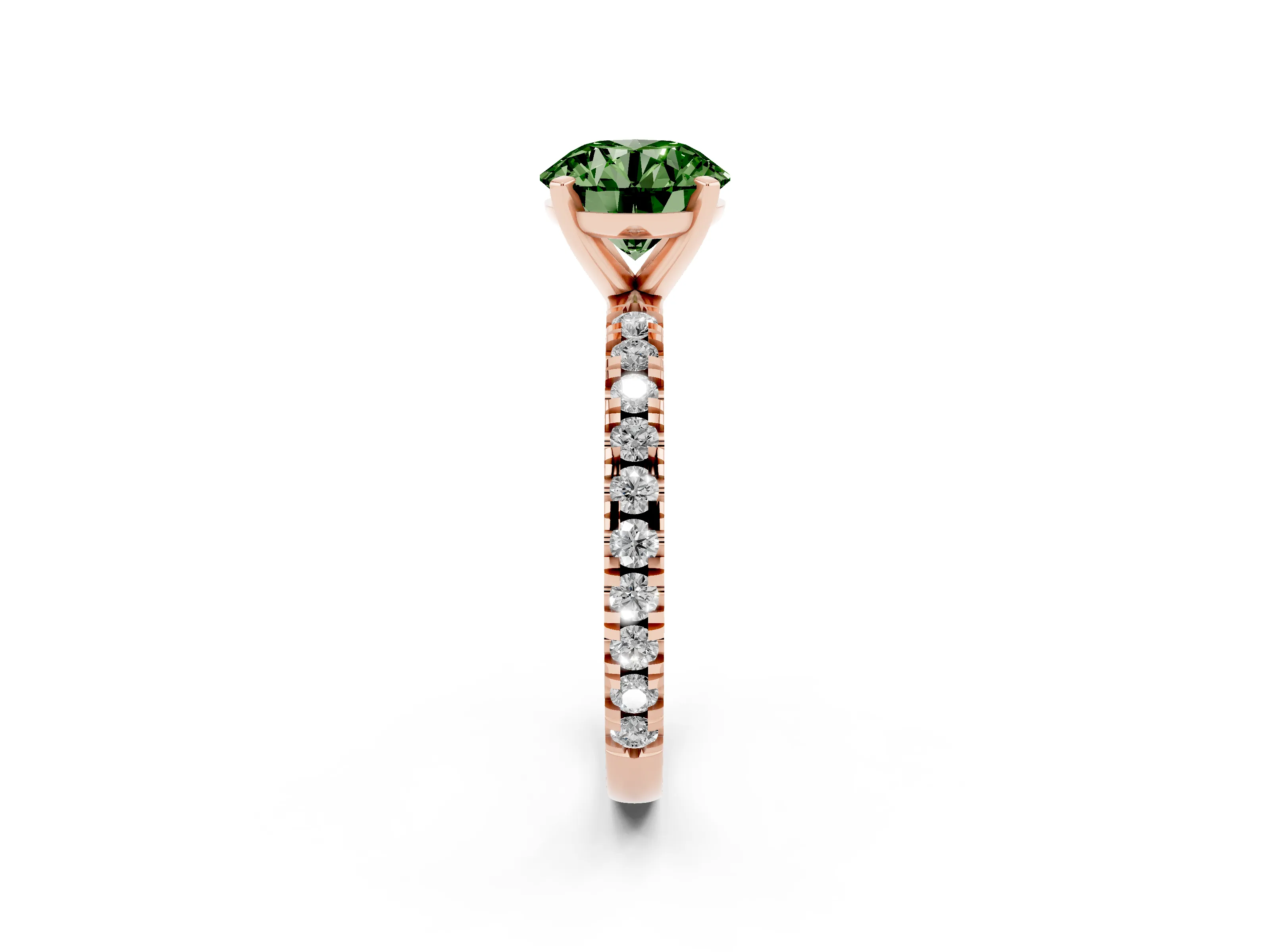 Fancy Green Round Cut Diamond Pavé Band Solitaire Set in Rose gold with Prong Setting