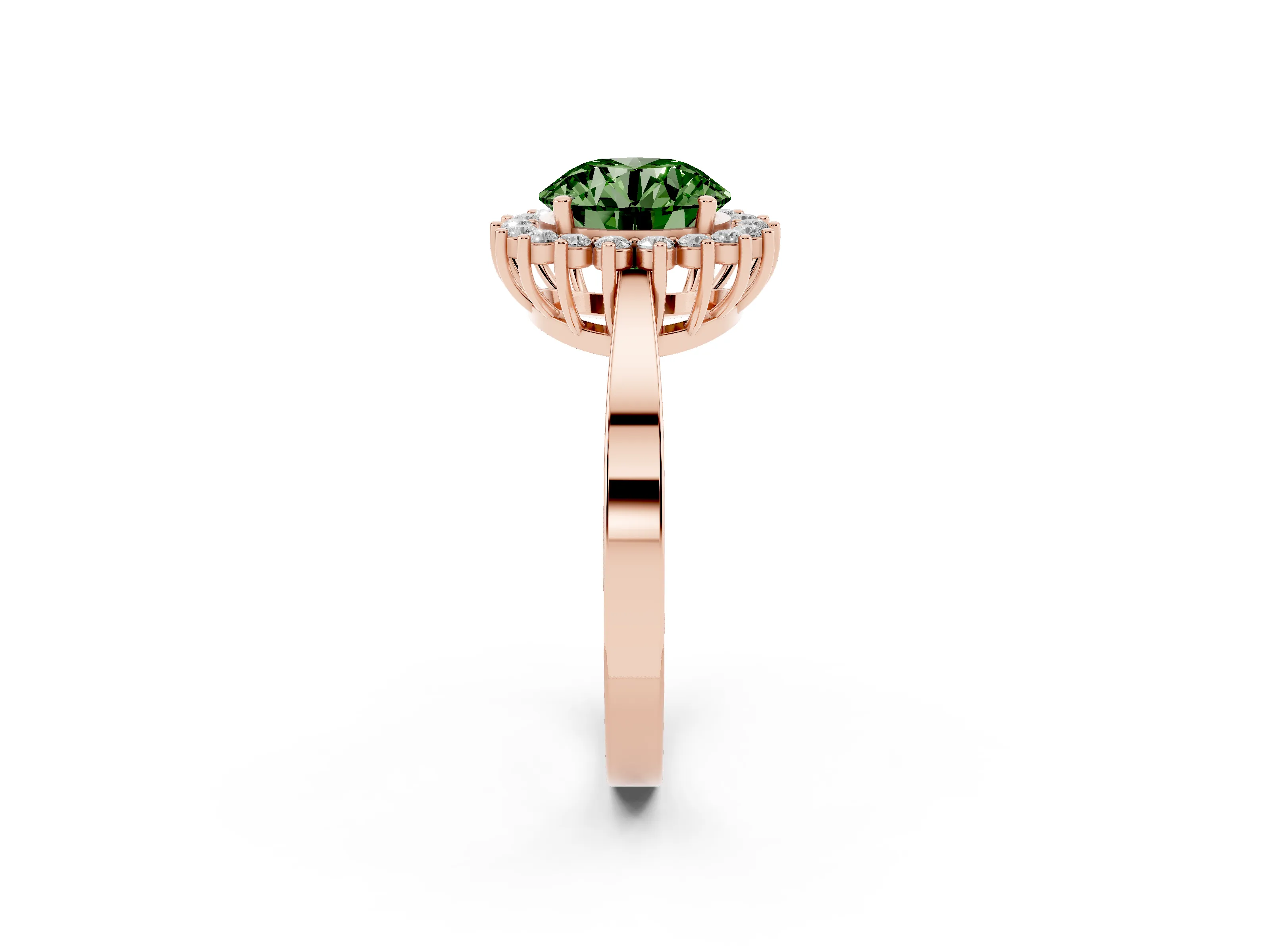 Fancy Green Round Cut Diamond Halo Ring Set in Rose gold with Round Halo and Smooth Solitaire Band