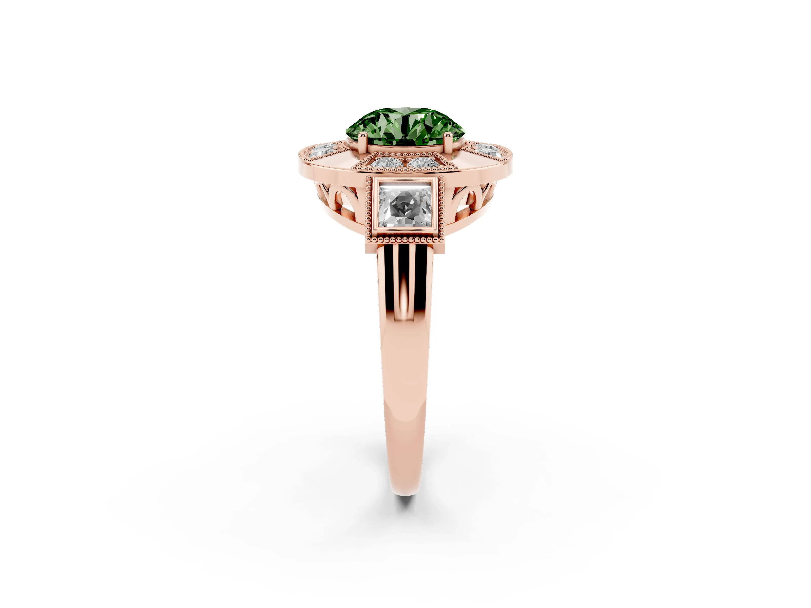 Fancy Green Round Cut Diamond Milgrain Halo Ring Set in Rose gold with Split Shank