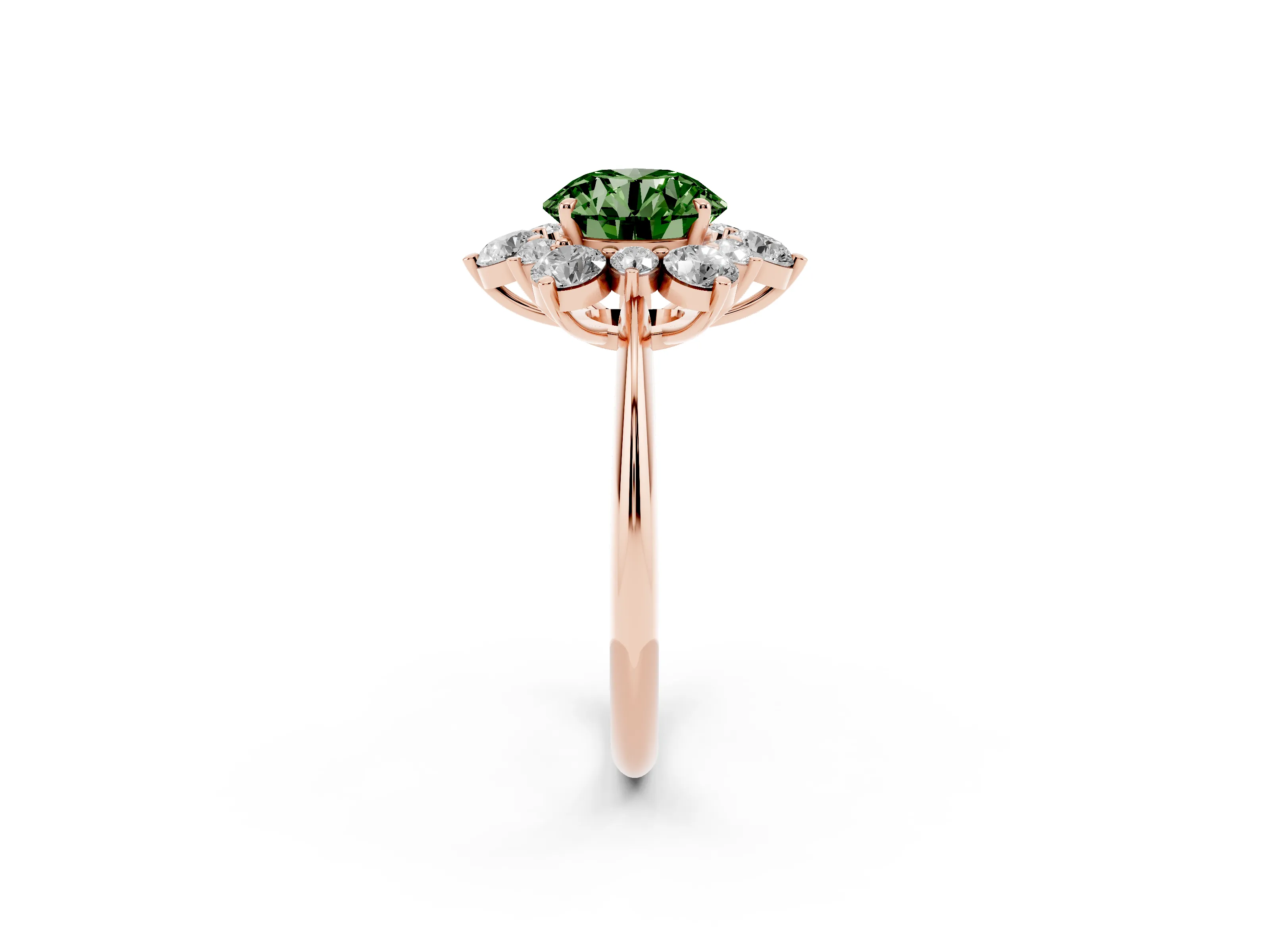 Fancy Green Round Cut Diamond Cluster Halo Ring Set in Rose gold with Solitaire Band and Prong Setting
