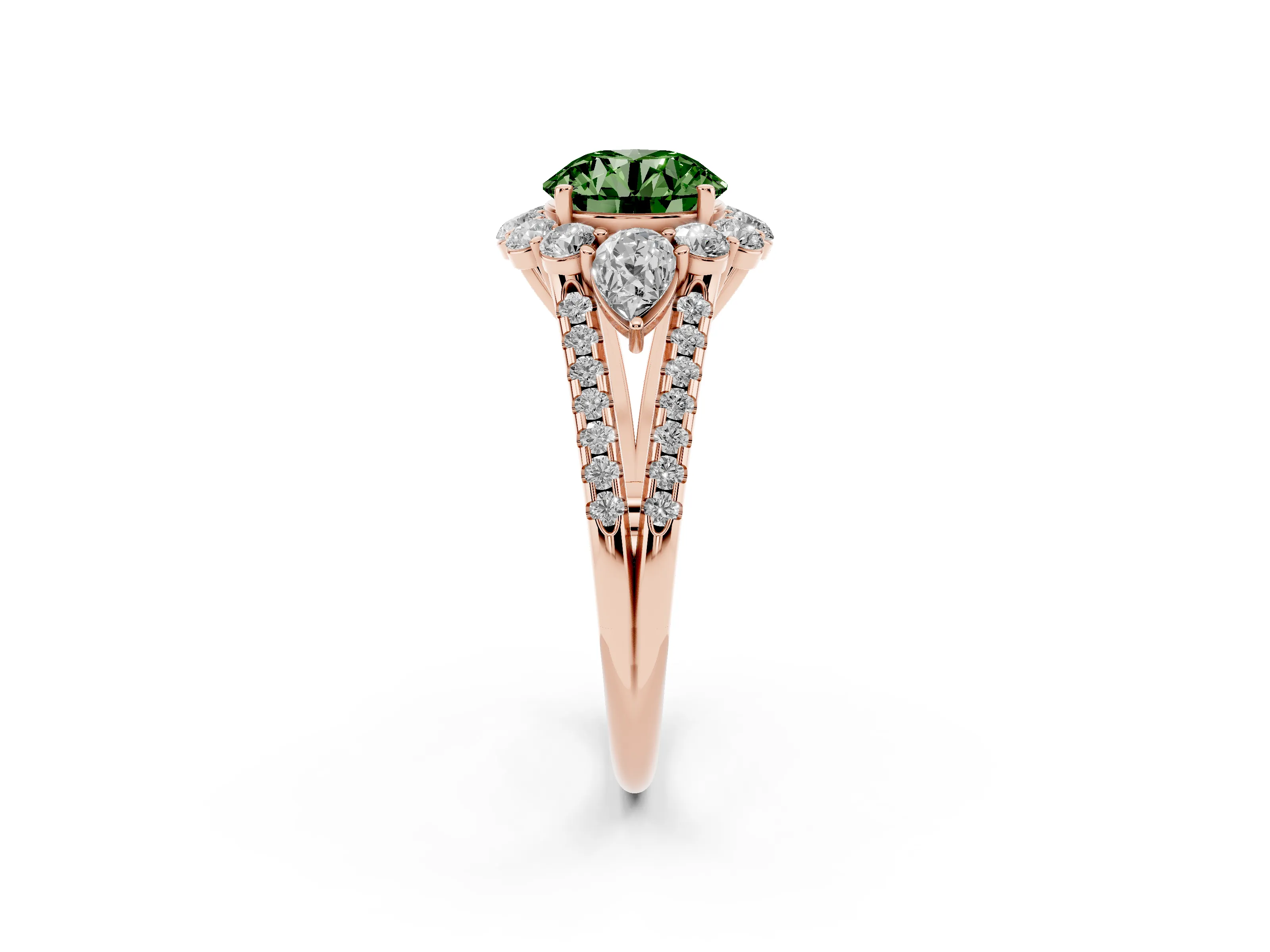 Fancy Green Round Cut Diamond Halo Split Shank Engagement Ring Set in Rose gold with Prong-Held Center Stone