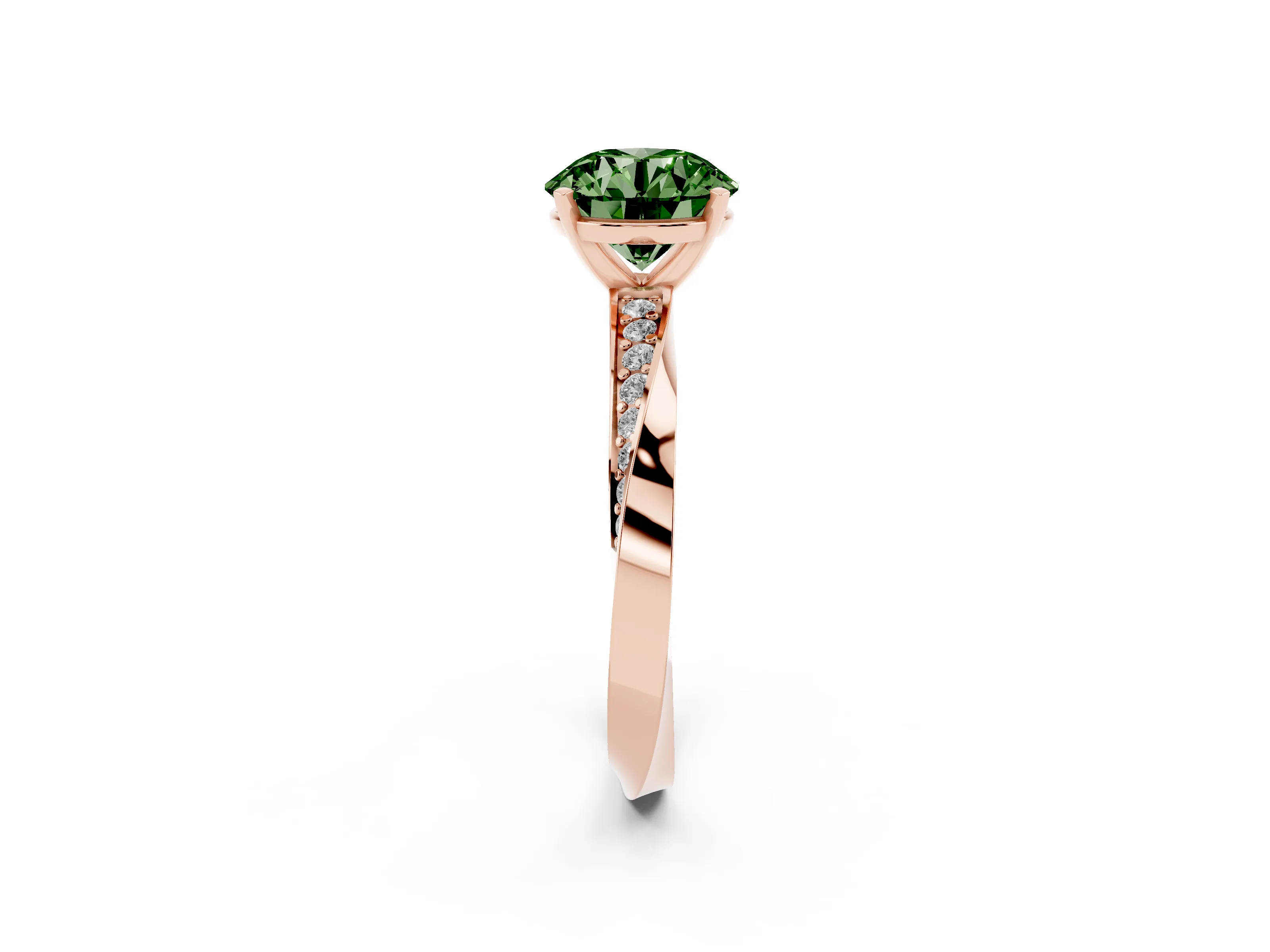Fancy Green Round Cut Diamond Engagement Ring Set in Rose gold with Side Stone Accents and Prong Setting