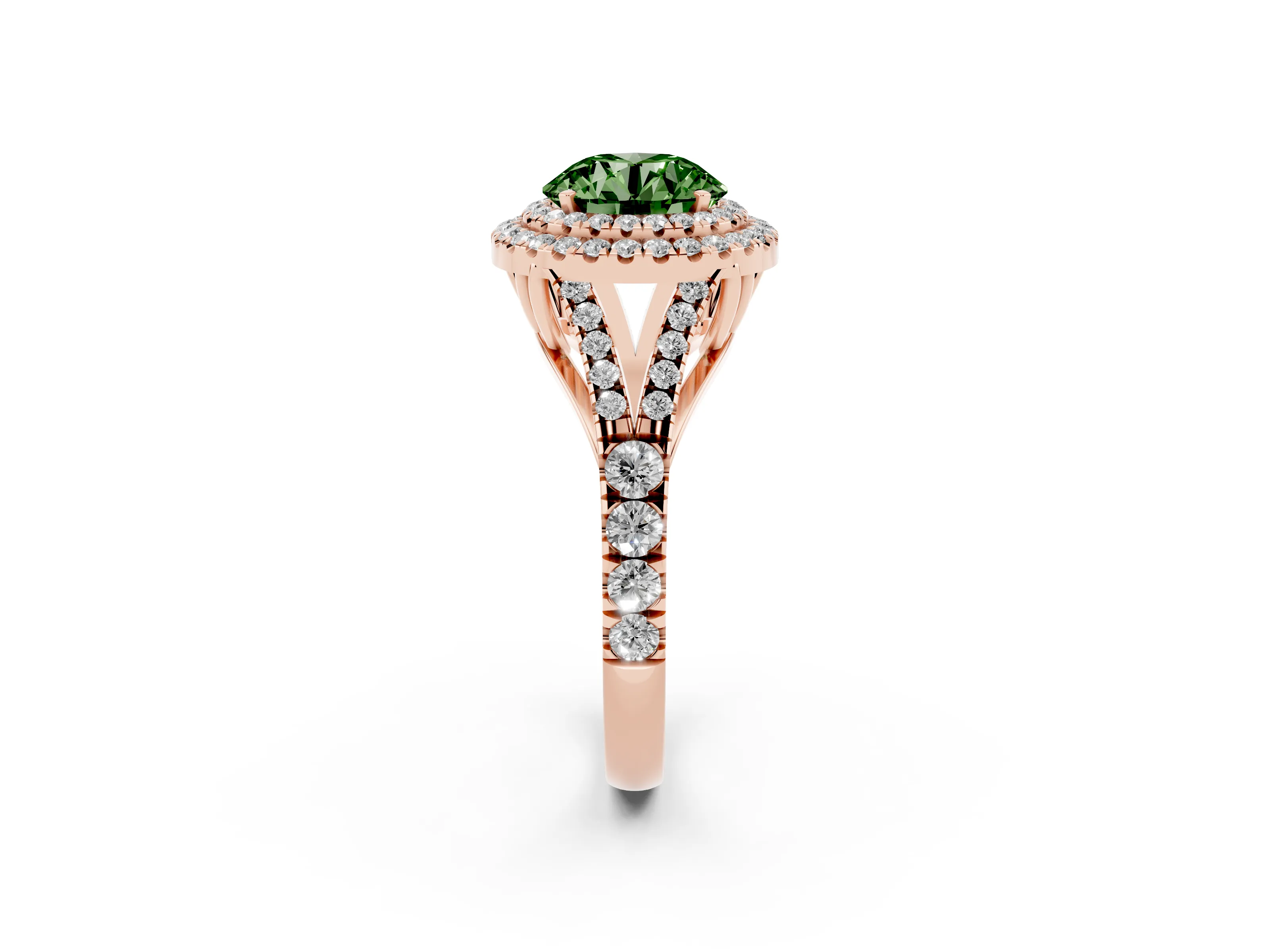 Fancy Green Round Cut Diamond Pavé Split Shank Double Halo Engagement Ring Set in Rose gold
