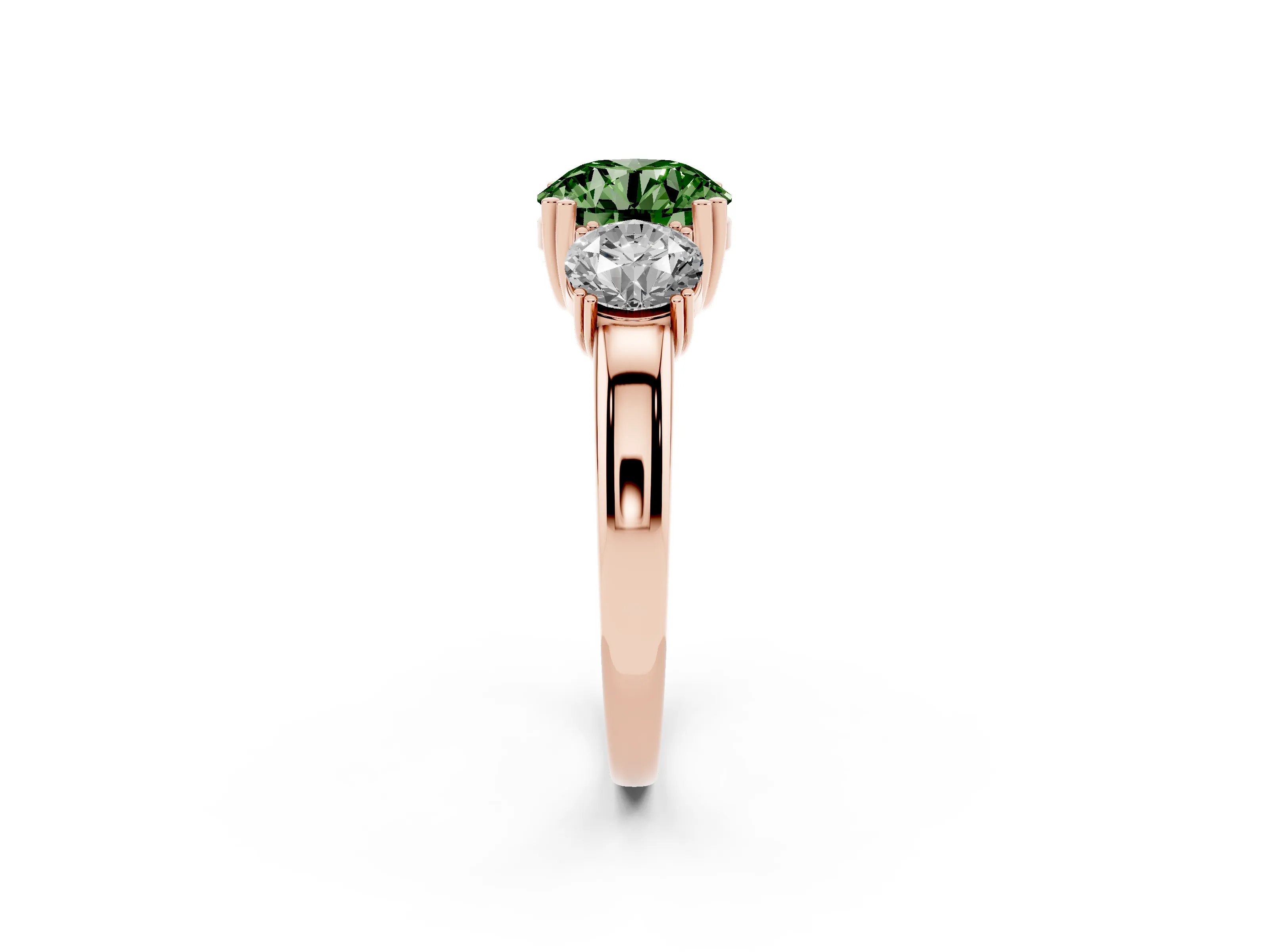 Fancy Green Round Cut Diamond Three-Stone Ring Set in Rose gold with Polished Channel-Set Band