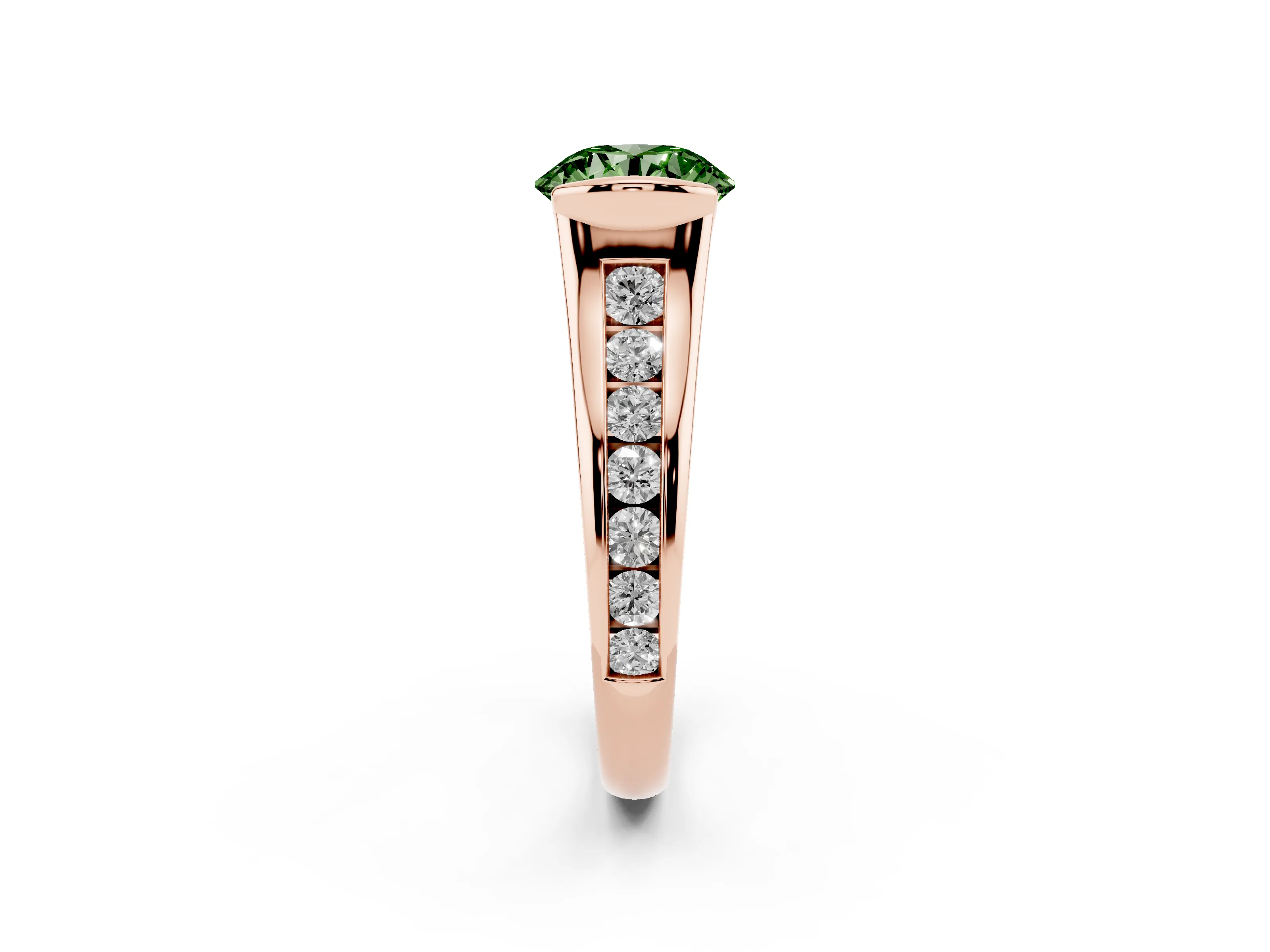 Fancy Green Round Cut Diamond Bezel-Set Solitaire Ring Set in Rose gold with Channel-Set Band