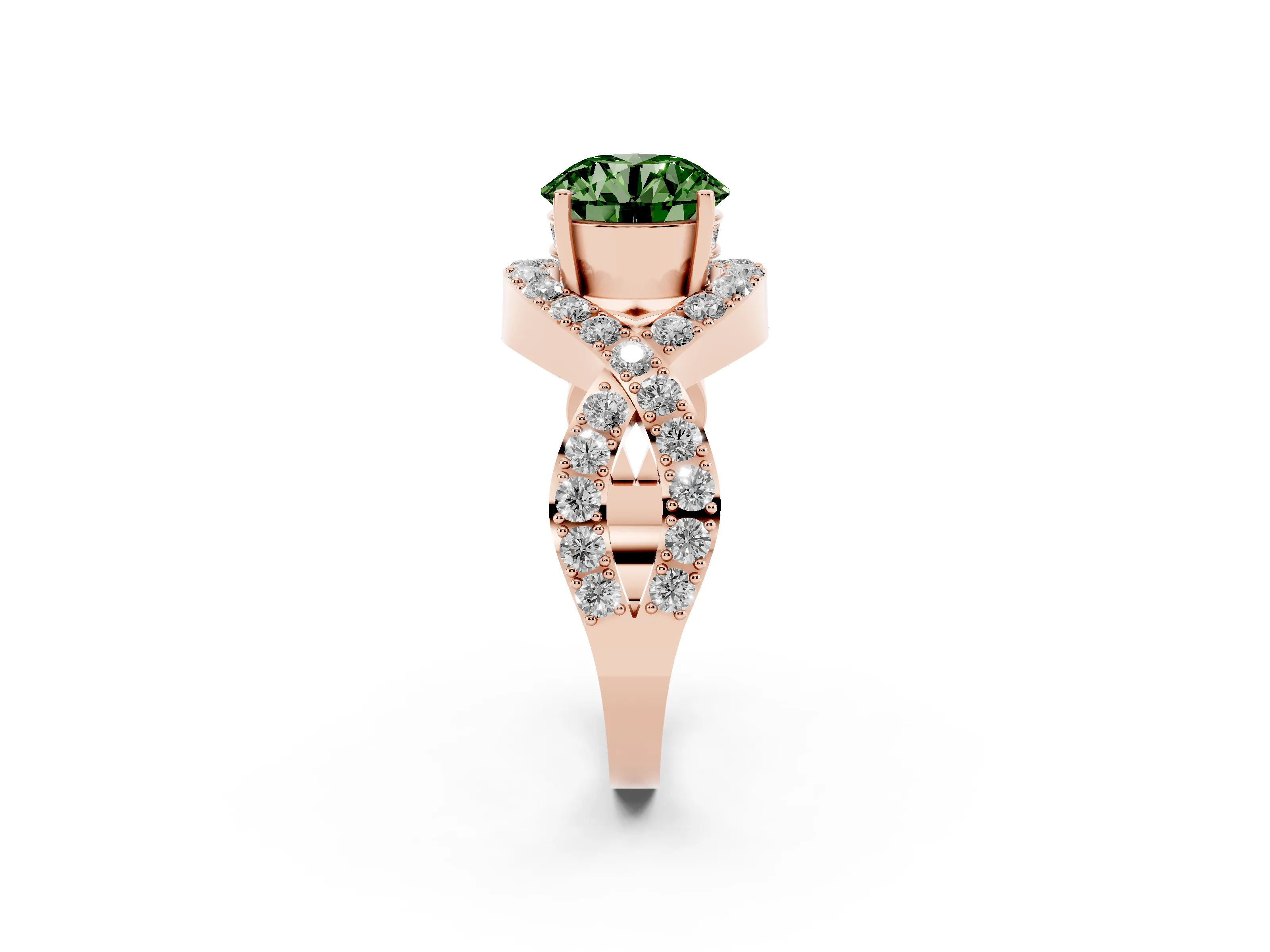 Fancy Green Round Cut Diamond Solitaire Twist Band Pavé Engagement Ring Set in Rose gold