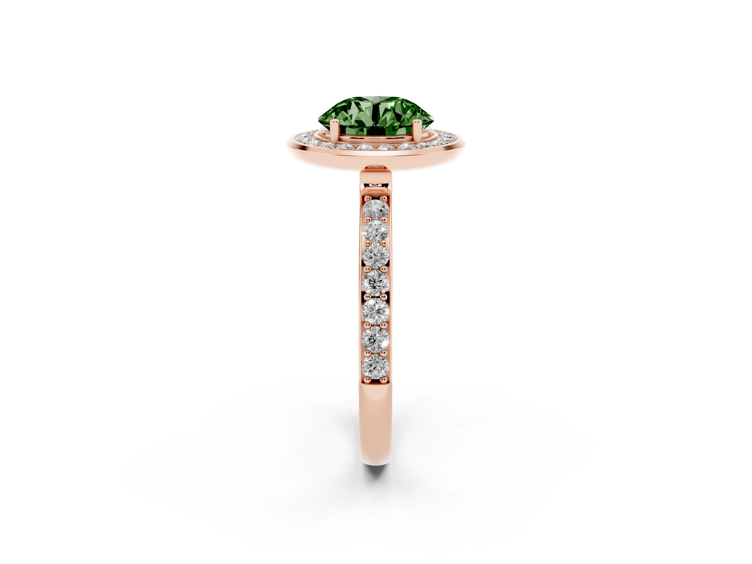 Fancy Green Round Cut Diamond Halo Ring Set in Rose gold with Bezel Frame and Pavé Band
