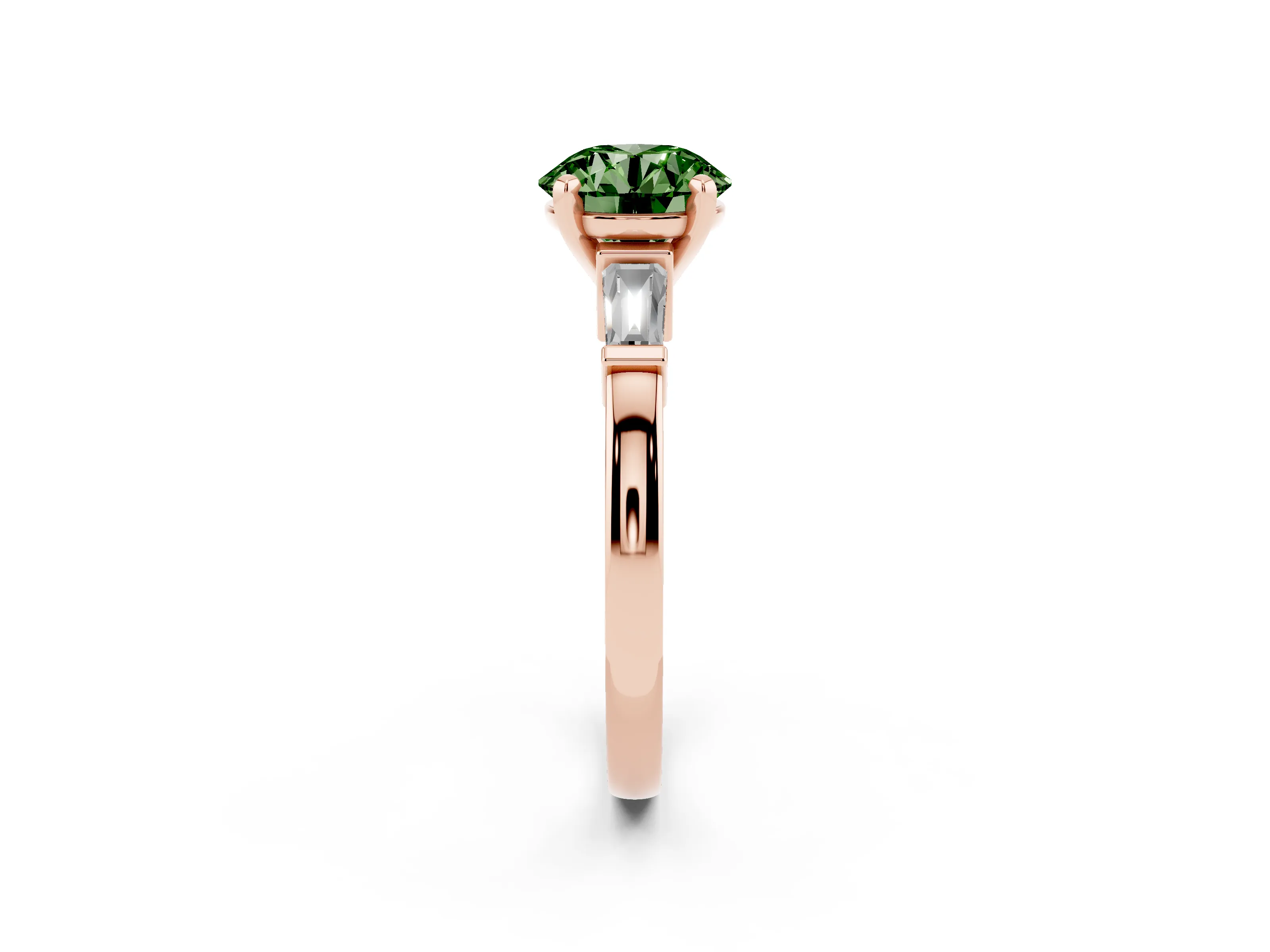 Fancy Green Round Cut Diamond Solitaire Ring Set in Rose gold with Tapered Baguette Accents and Prong Setting