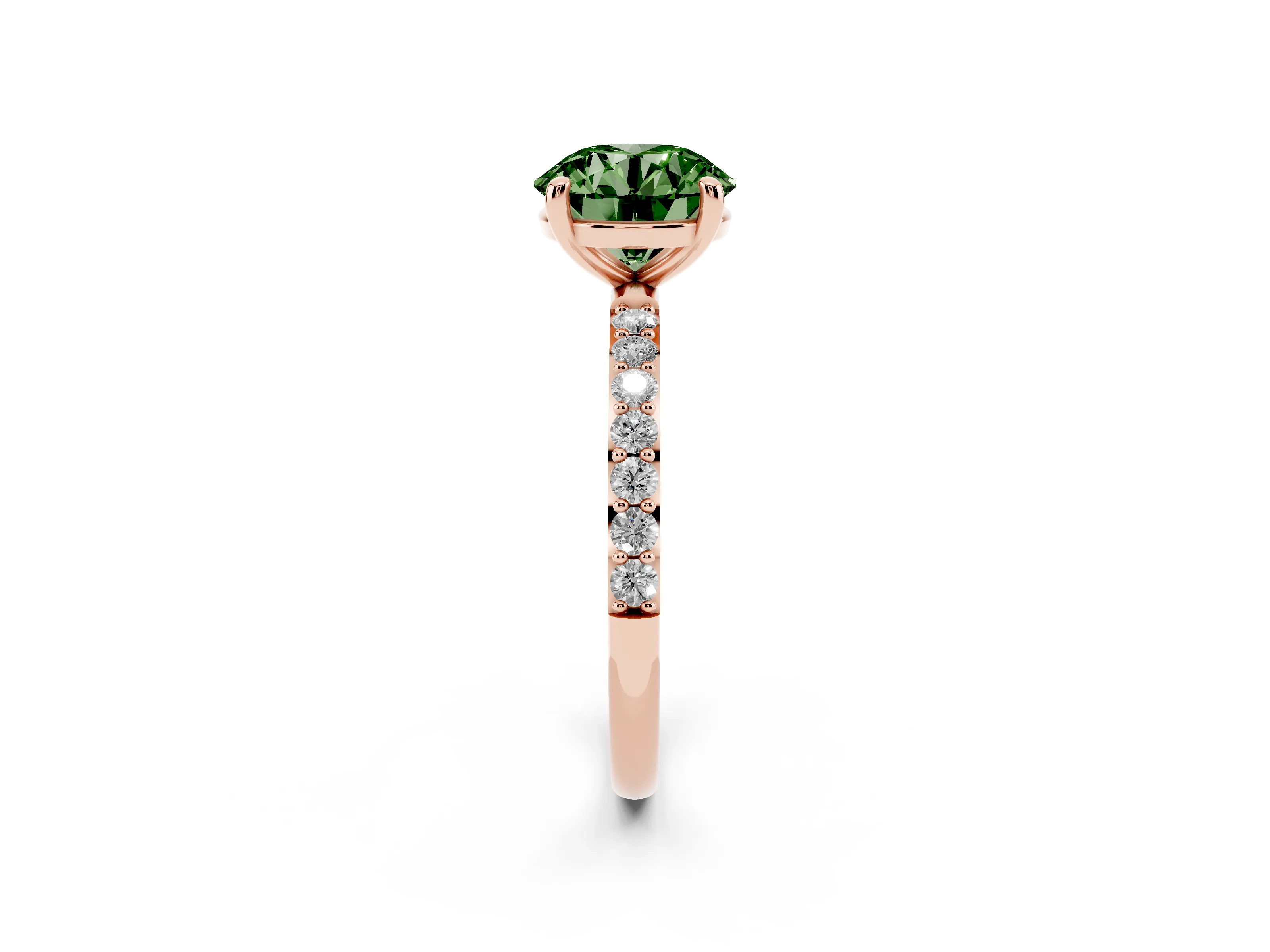 Fancy Green Round Cut Diamond Solitaire Ring Set in Rose gold with Round Pavé Band and Prong Setting