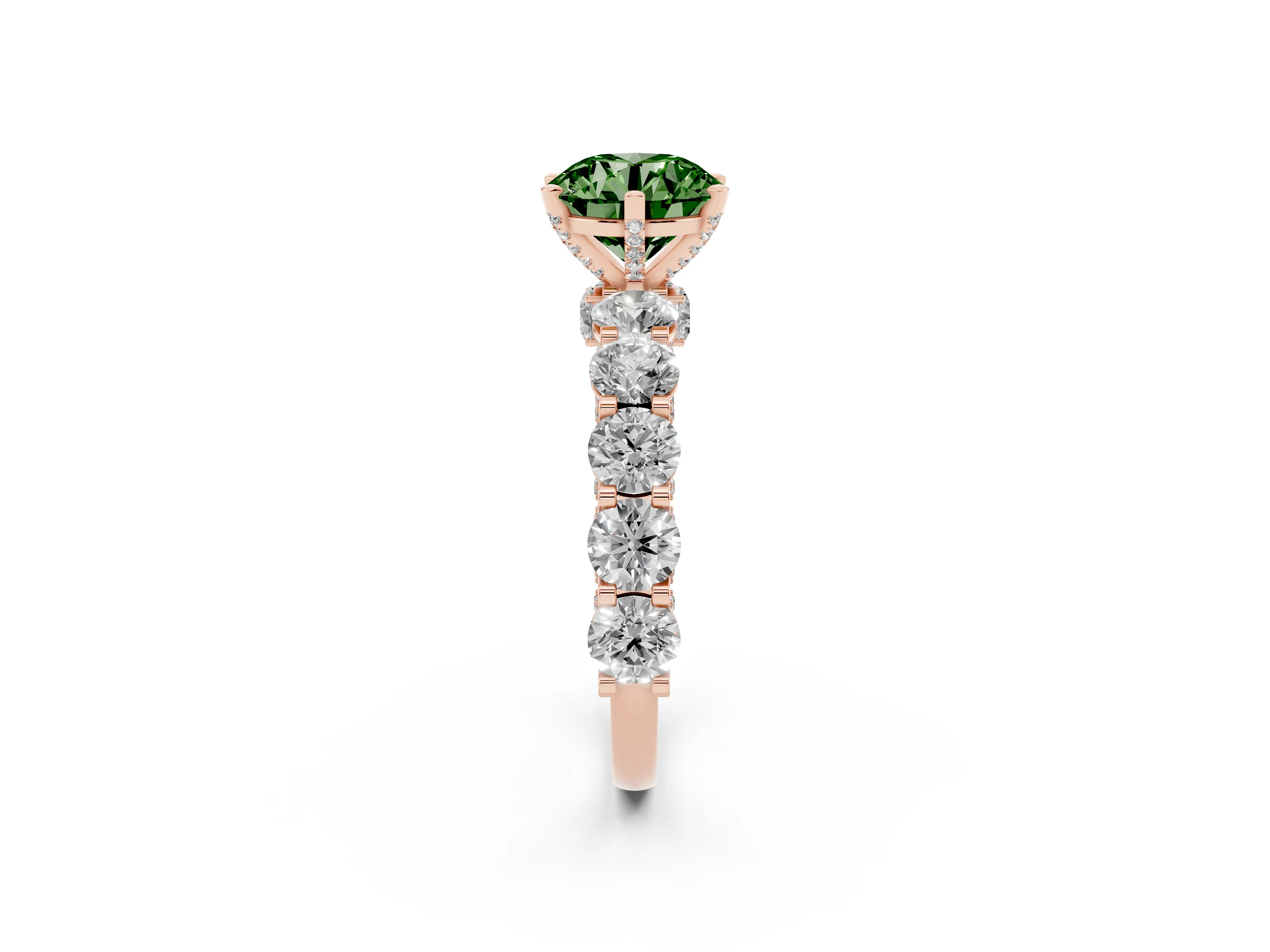Fancy Green Round Cut Diamond Side Stone Ring Set in Rose gold with Alternating Round and Oval Side Stones