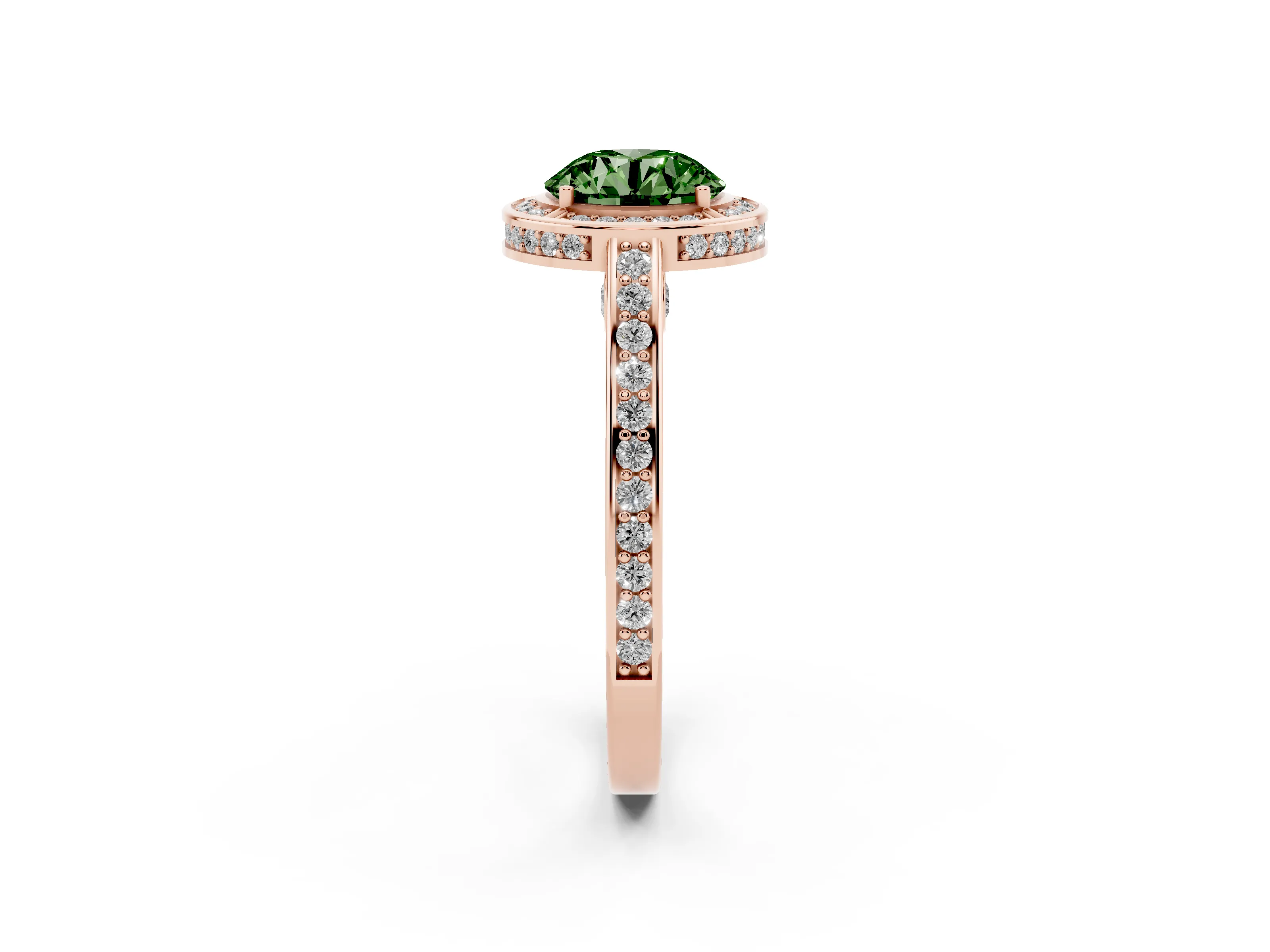 Fancy Green Round Cut Diamond Halo Pavé Split Shank Ring Set in Rose gold with Prong Setting