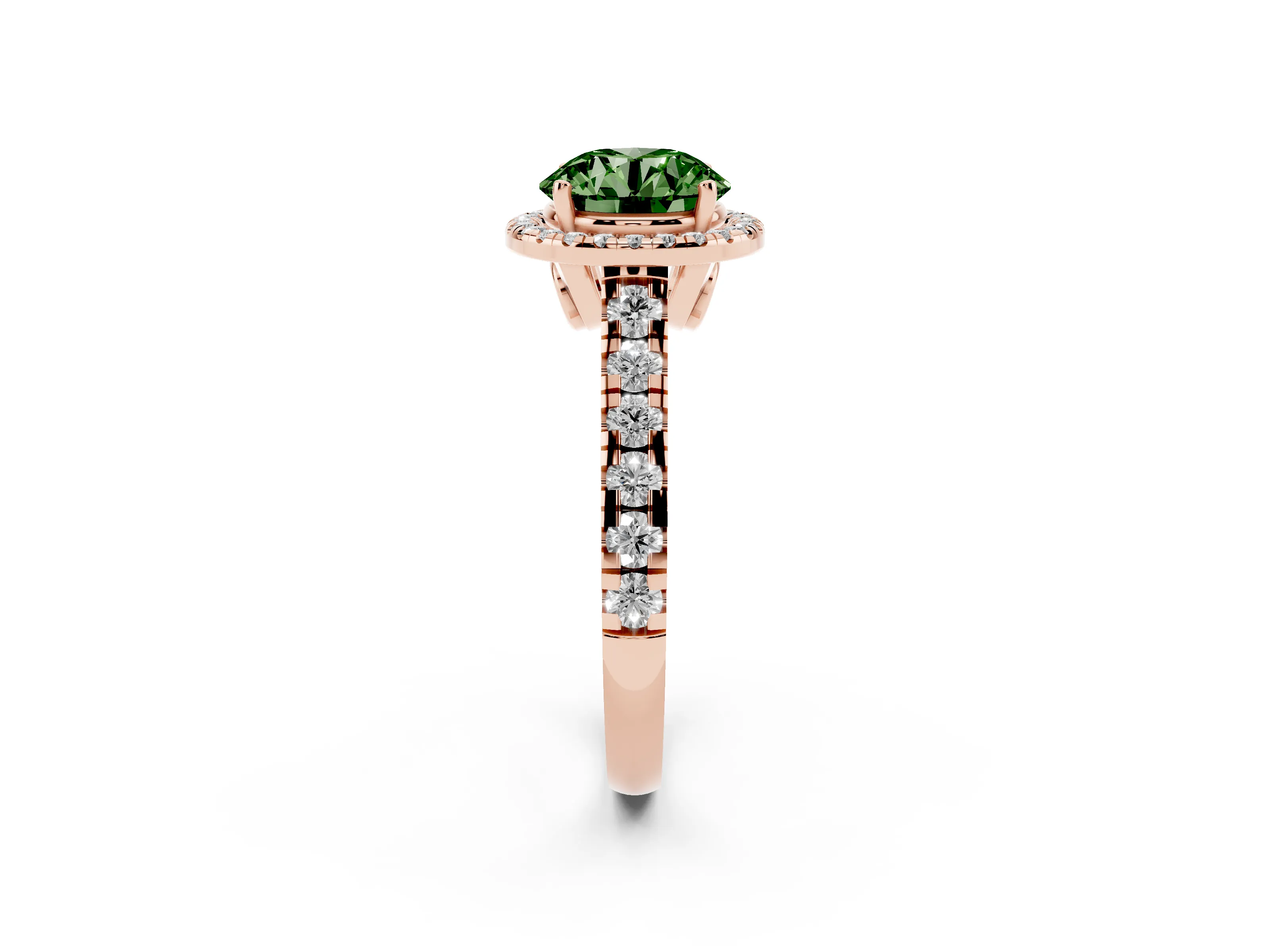Fancy Green Round Cut Diamond Halo Engagement Ring Set in Rose gold with Pavé Band and Prong-Set Center