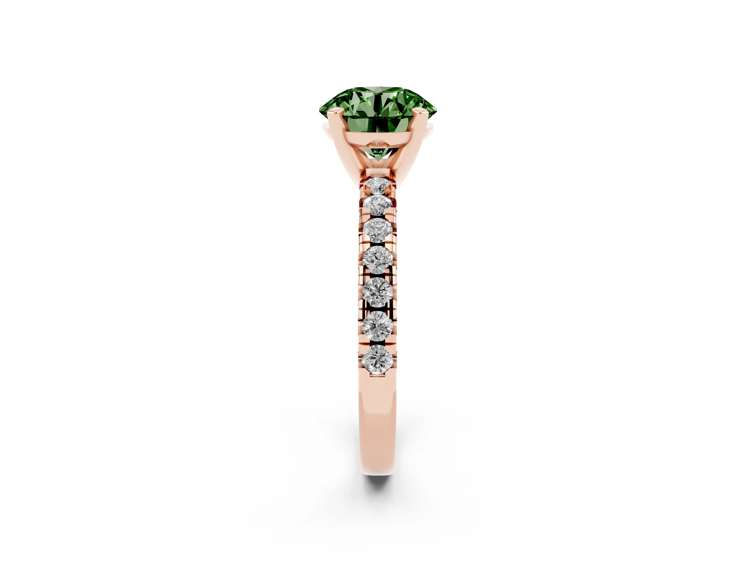 Fancy Green Round Cut Diamond Solitaire Pavé Engagement Ring Set in Rose gold with Round Band and Prong Setting