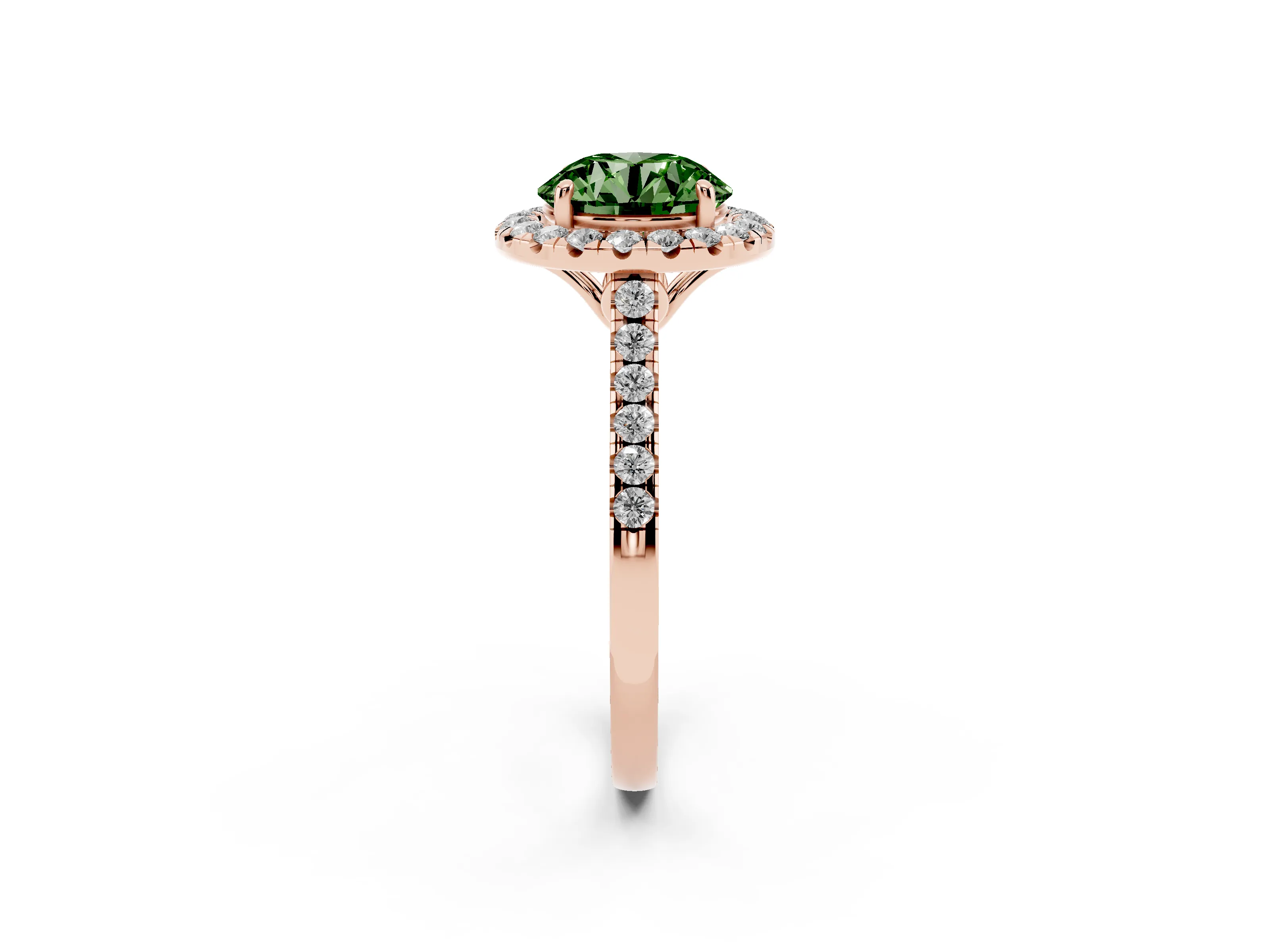 Fancy Green Round Cut Diamond Pavé Halo Engagement Ring Set in Rose gold with Pavé Band and Prong Setting