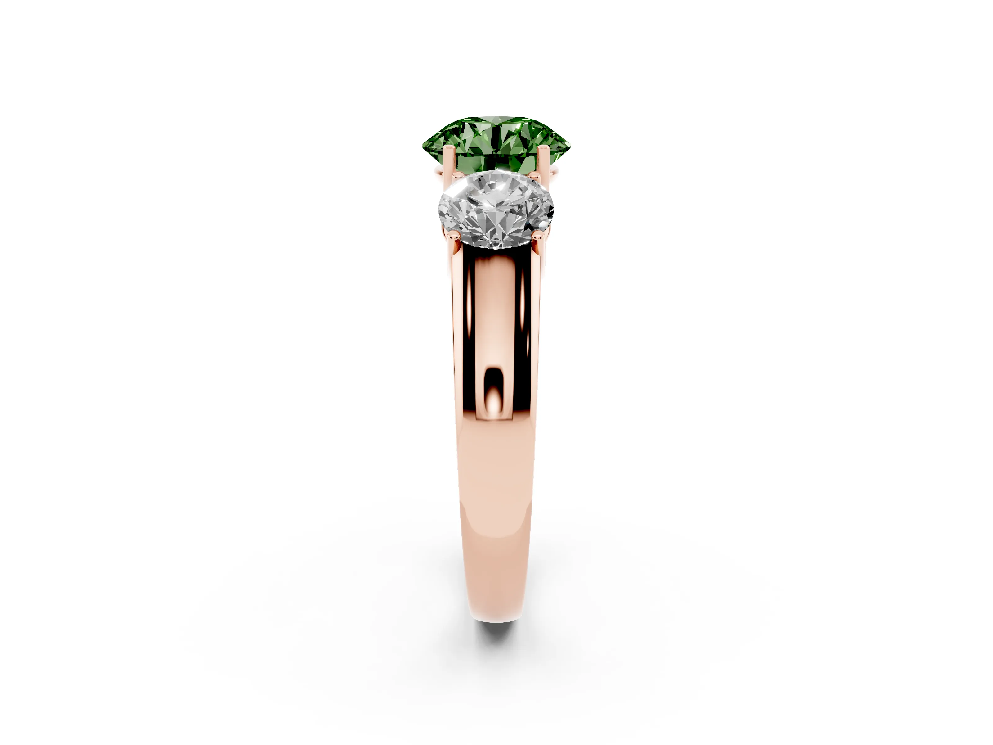 Fancy Green Three-Stone Round Cut Diamond Ring Set in Rose gold with Matching Prong Settings and Plain Band