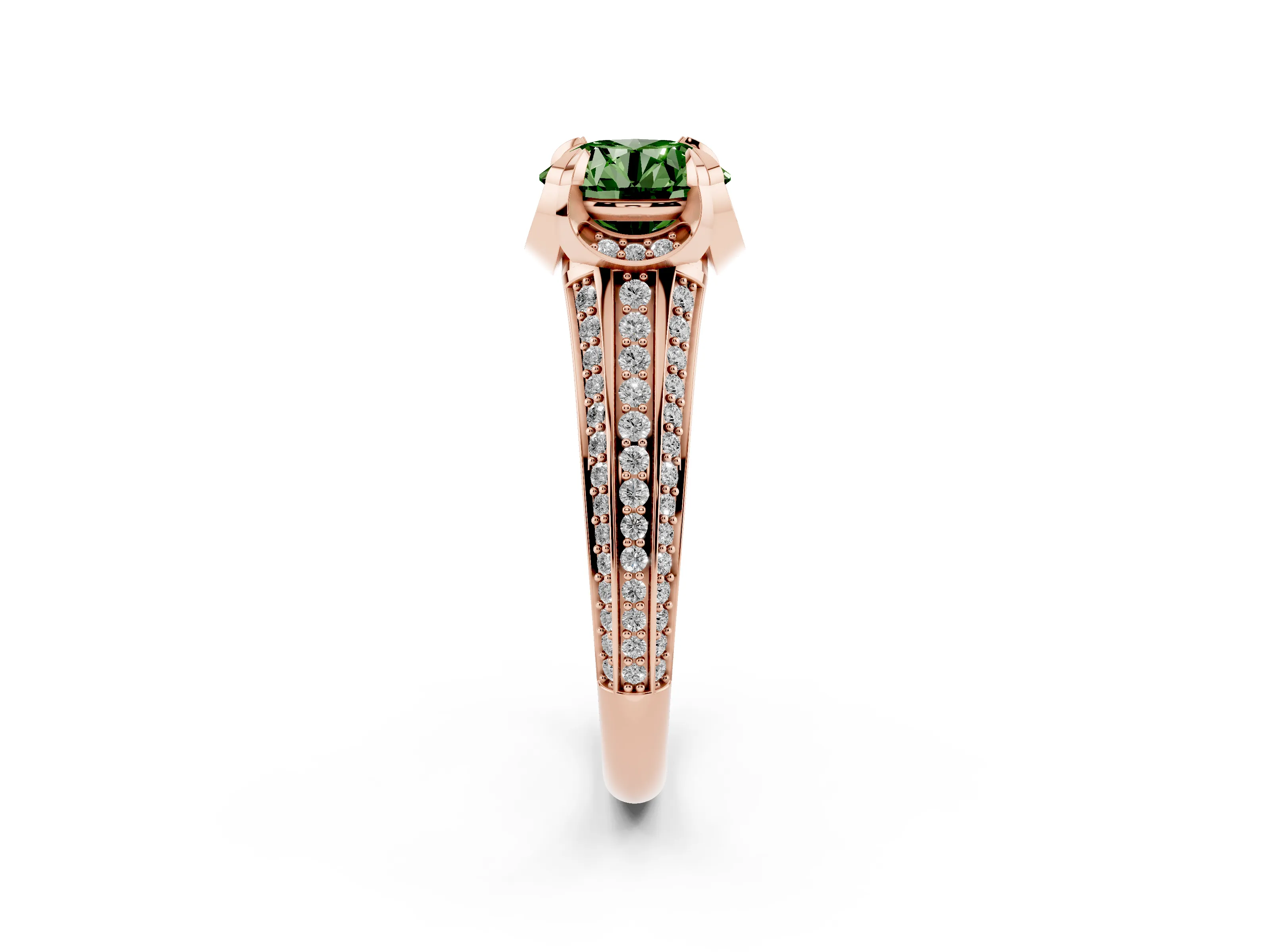 Fancy Green Round Cut Diamond Pavé Split Shank Solitaire Ring Set in Rose gold with Prong Setting