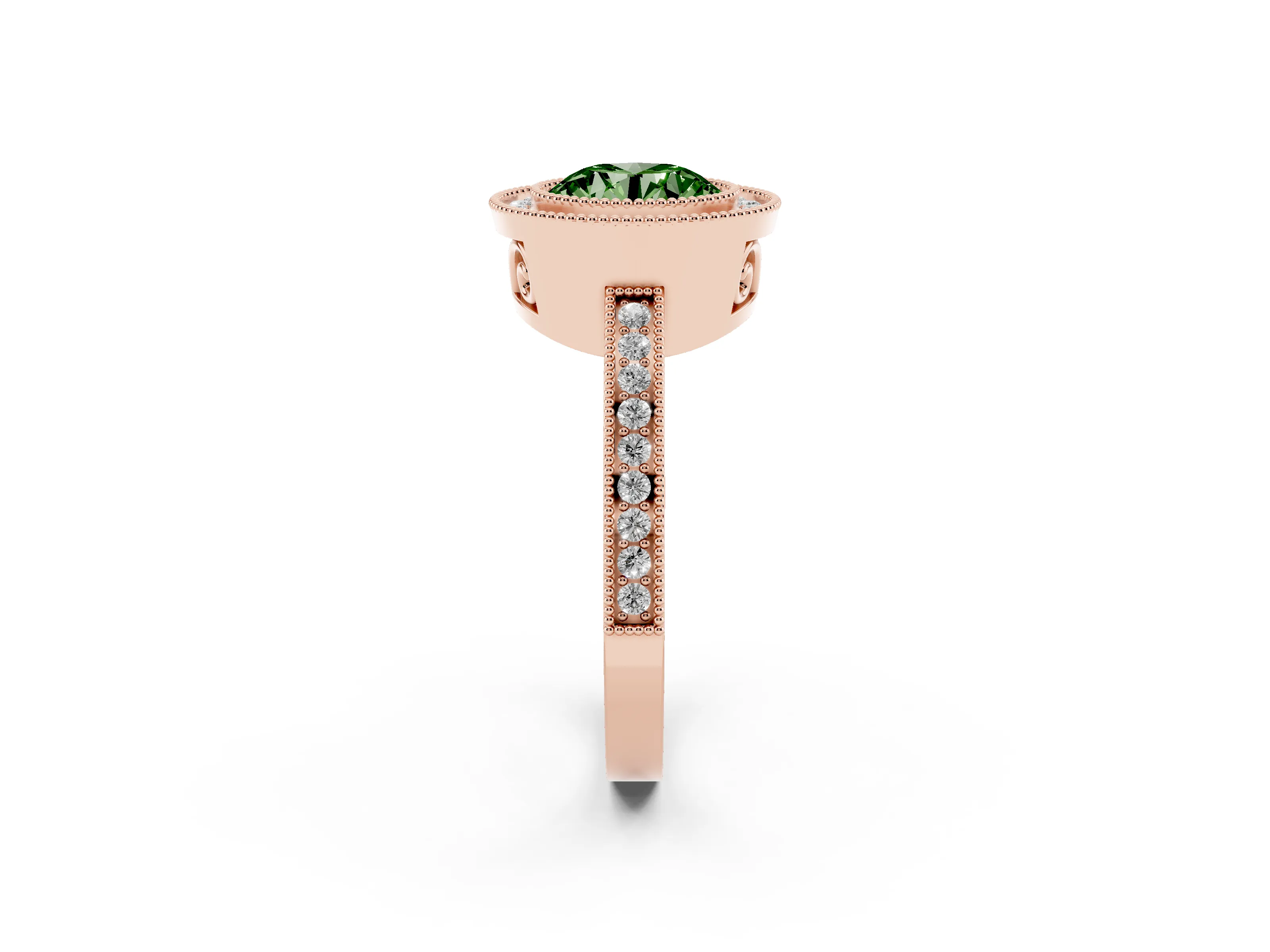Fancy Green Round Cut Diamond Halo Ring Set in Rose gold with Pavé Band and Milgrain-Edged Prongs