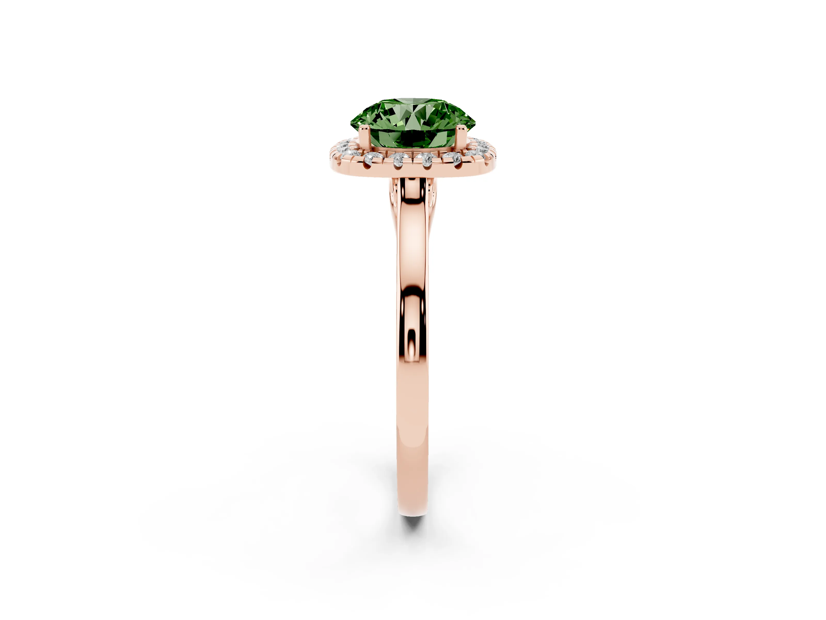 Fancy Green Round Cut Halo Round Diamond Solitaire Ring Set in Rose gold with Pavé Band and Prong Setting
