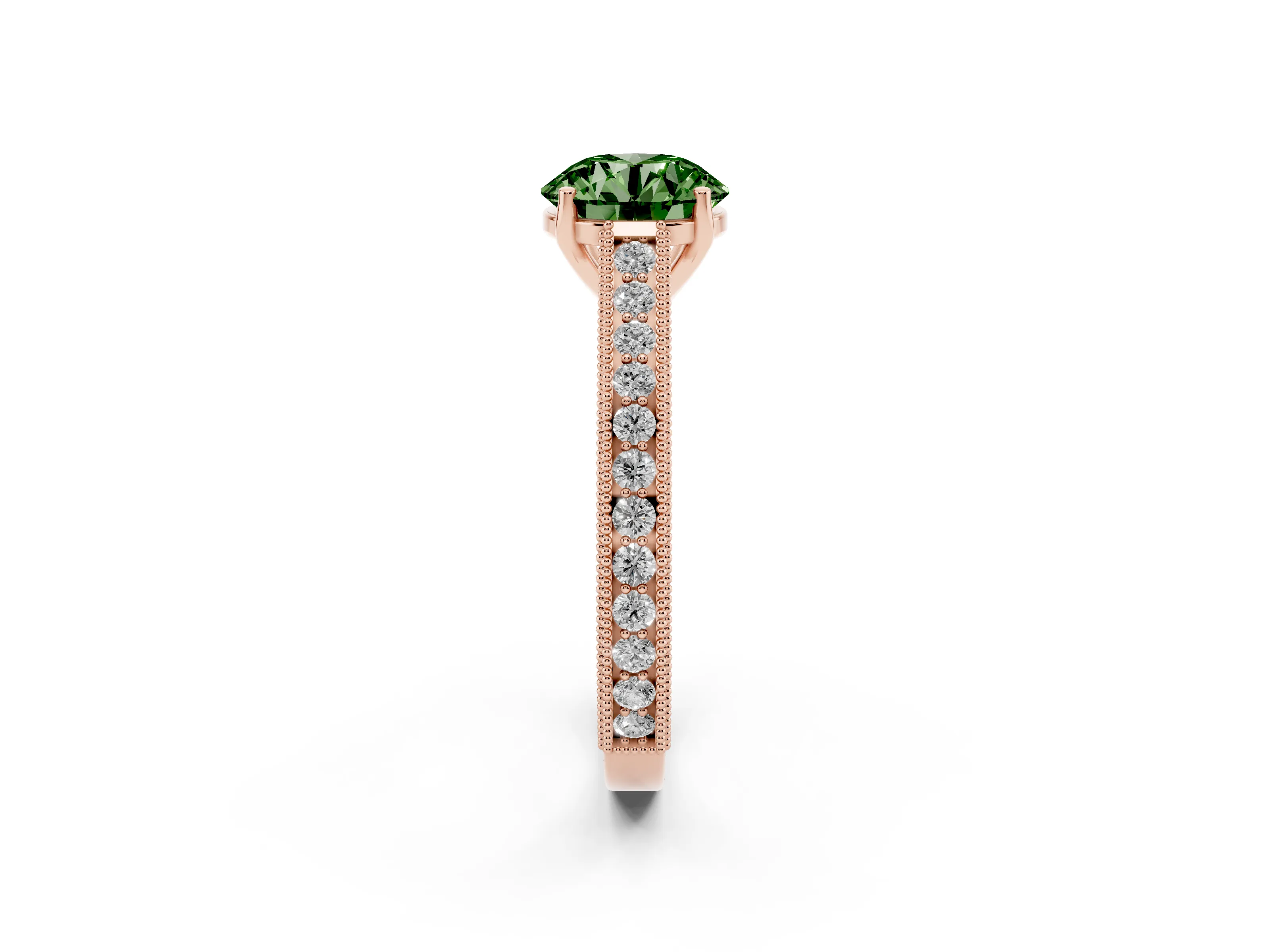 Fancy Green Round Cut Diamond Milgrain Pavé Band Solitaire Ring Set in Rose gold with Prong Setting