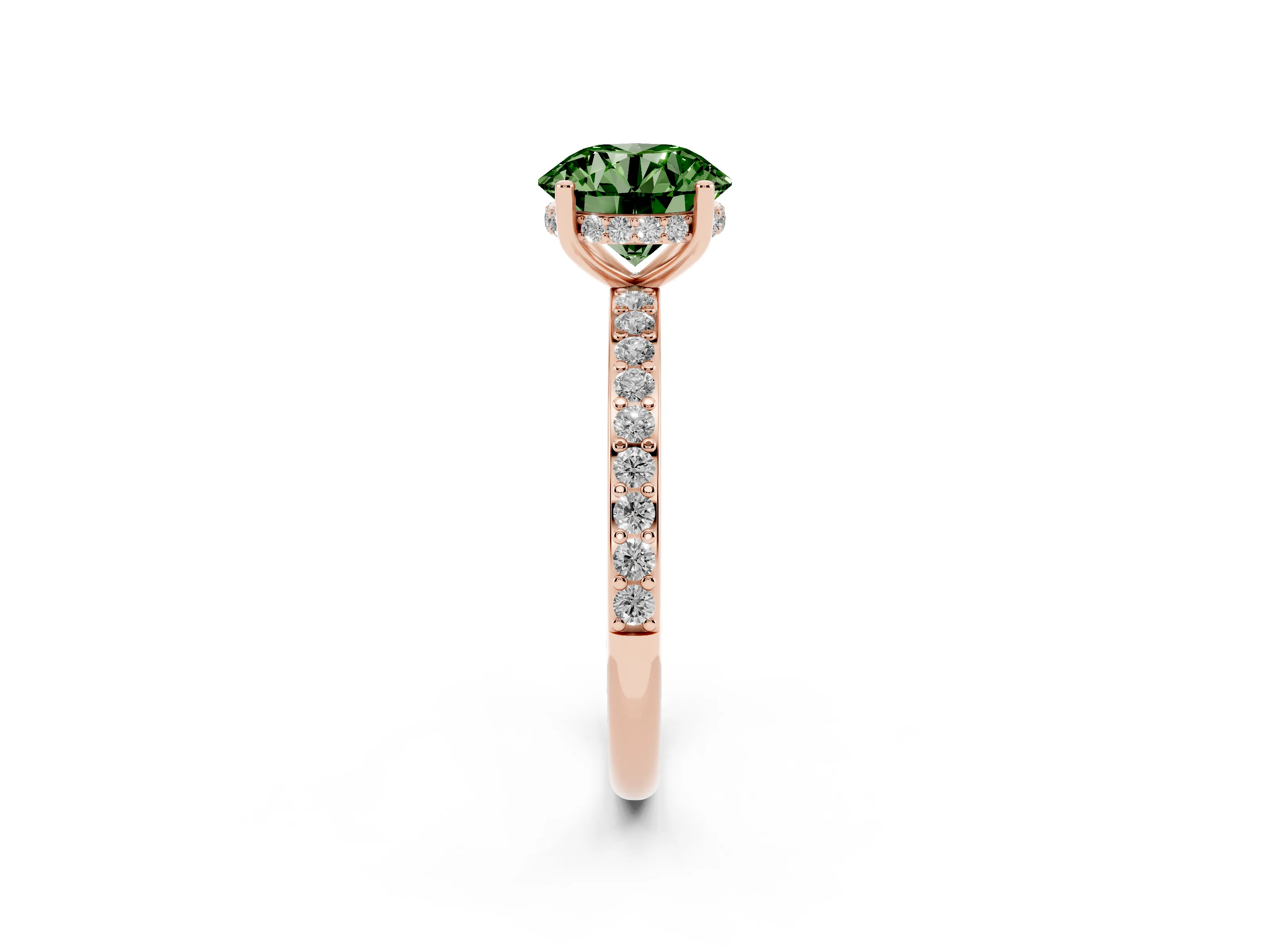 Fancy Green Round Cut Diamond Pavé Band Ring Set in Rose gold with Prong-Set Center Stone