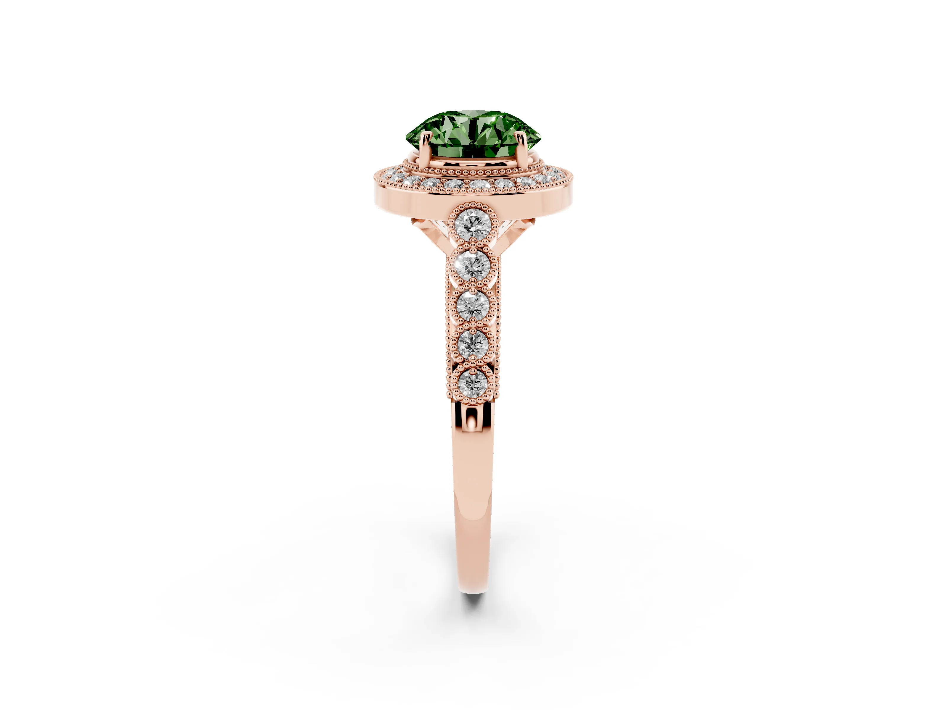 Fancy Green Round Cut Diamond Milgrain Halo Solitaire Ring Set in Rose gold with Bezel Set Side Stones and Pavé Band