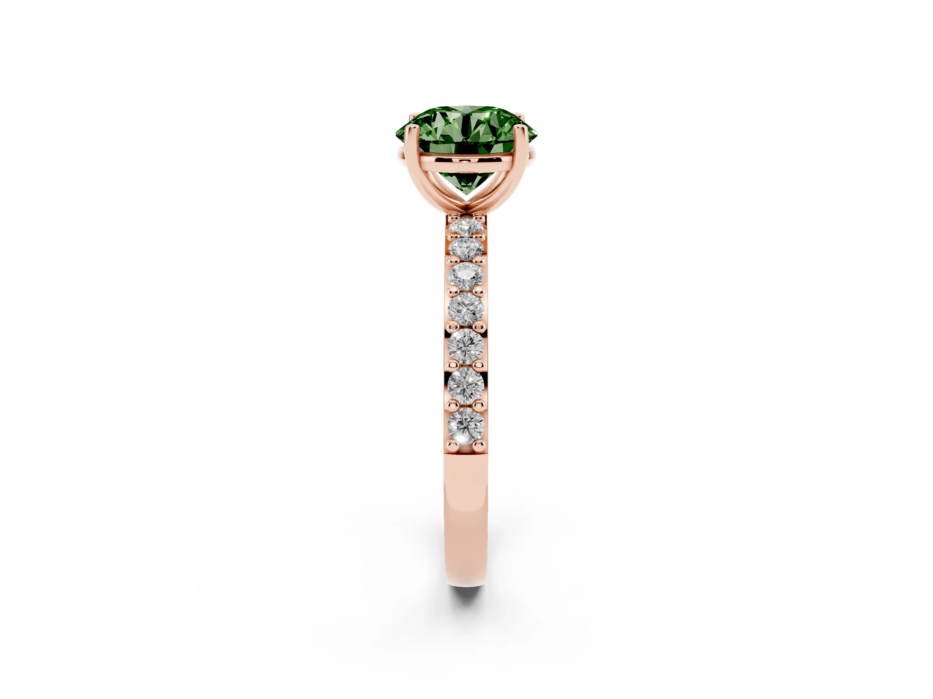 Fancy Green Round Cut Diamond Solitaire Set in Rose gold with Round Pavé Band and Prong Setting