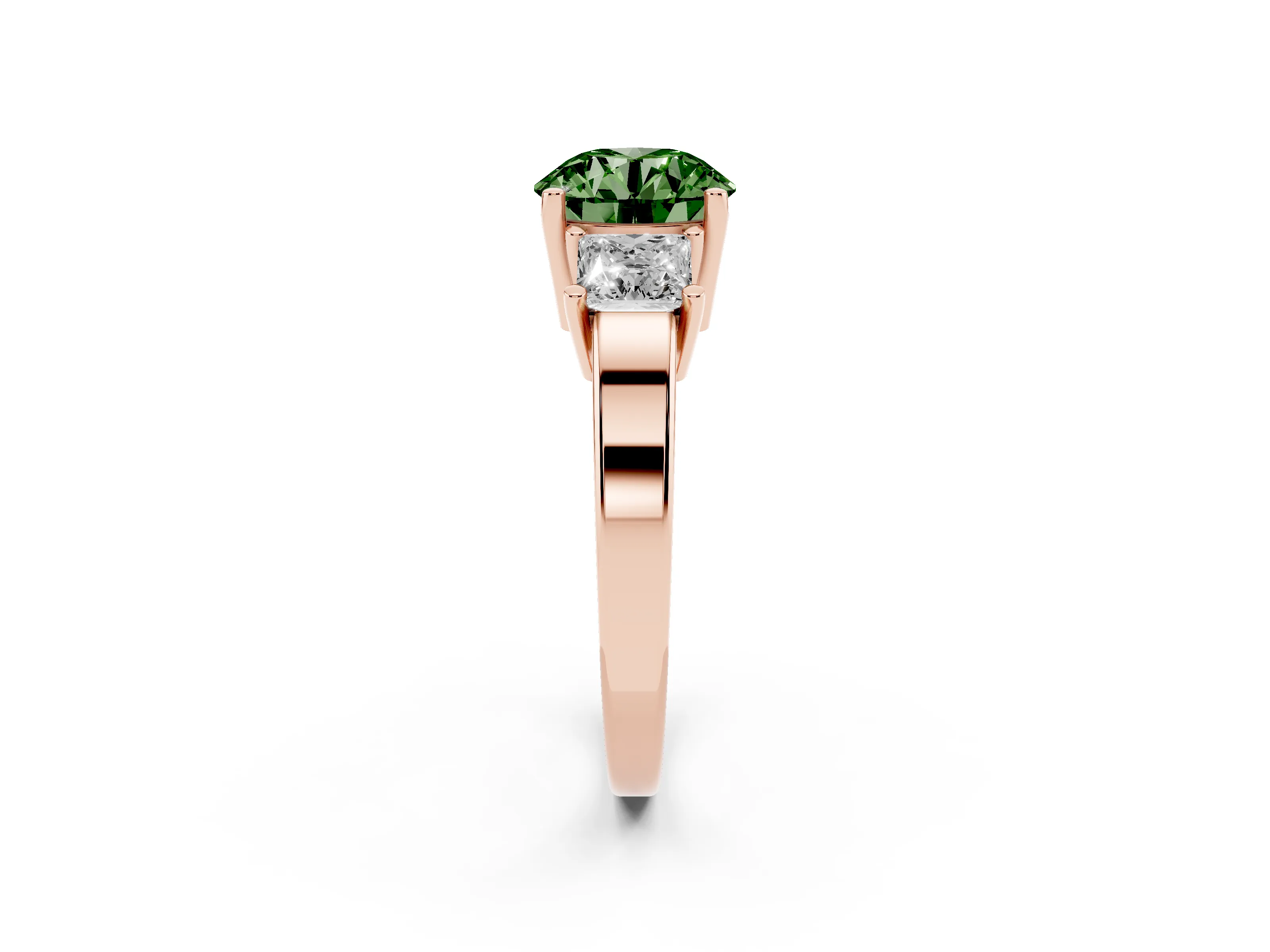 Fancy Green Three-Stone Round Cut Diamond Solitaire Ring Set in Rose gold with Prong Setting