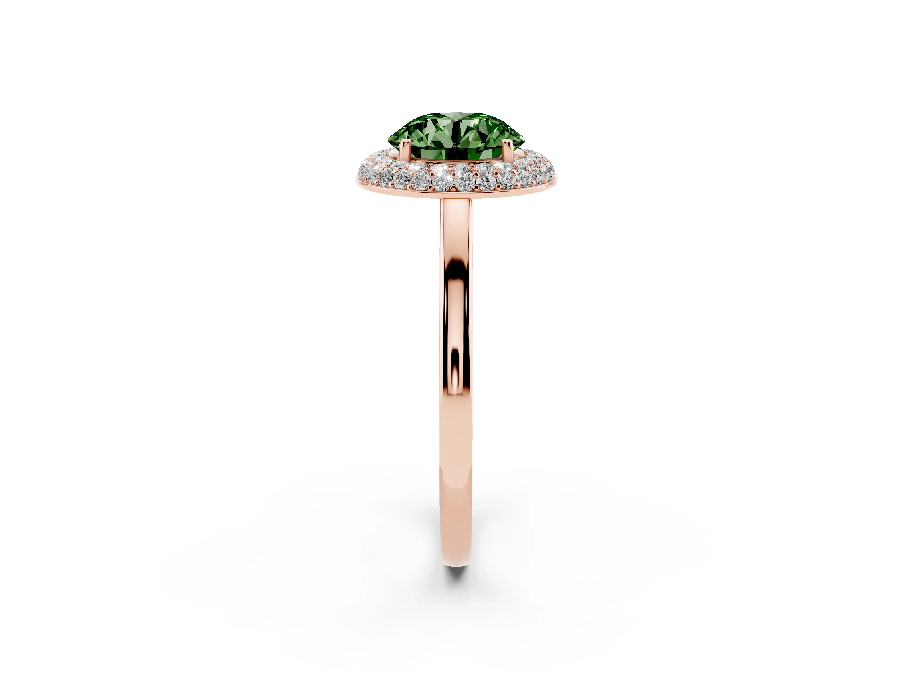 Fancy Green Round Cut Diamond Halo Engagement Ring Set in Rose gold with Solitaire Band and Prong Setting