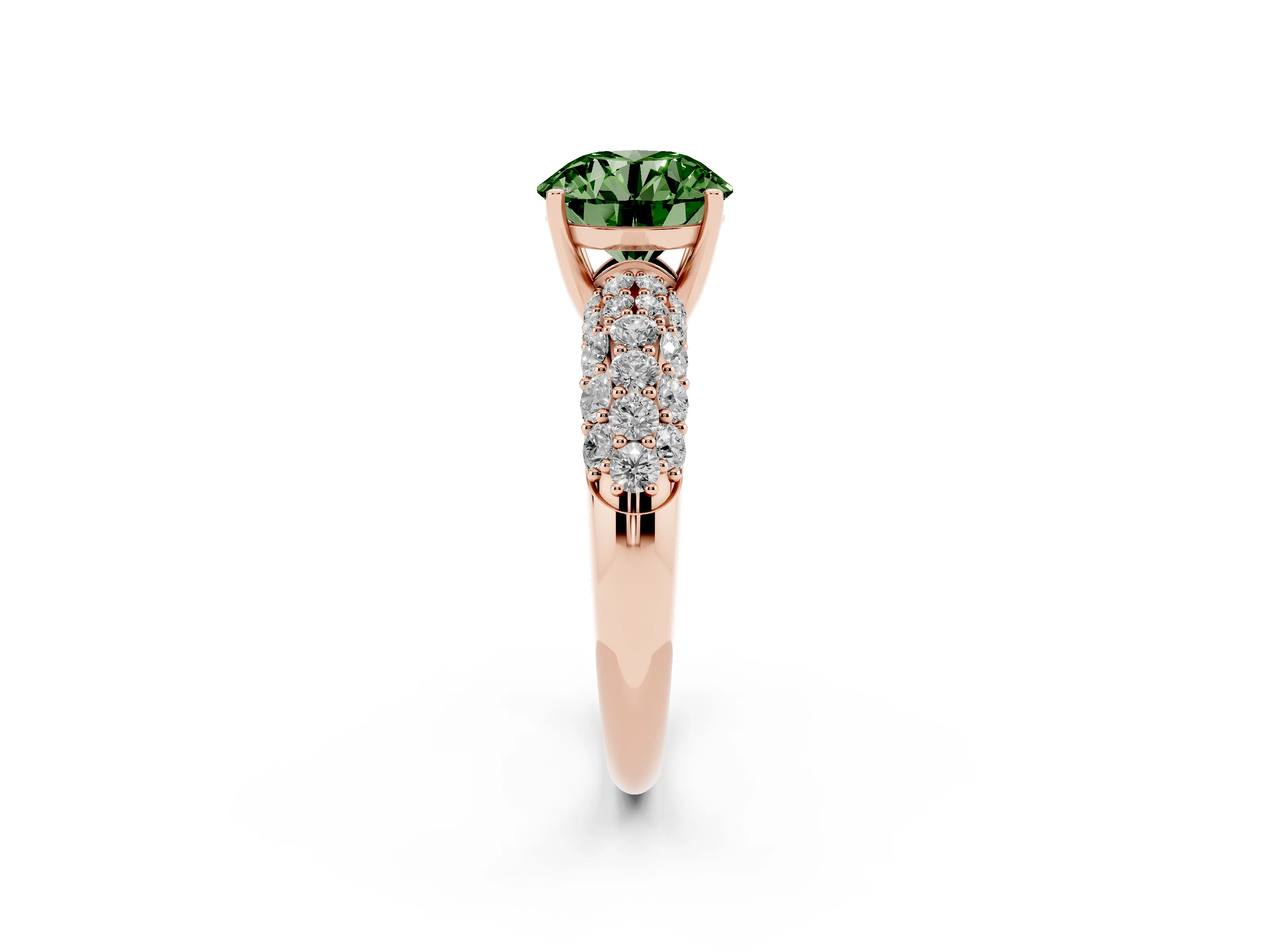 Fancy Green Round Cut Diamond Pavé Band Solitaire Ring Set in Rose gold with Close-Set Accent Stones and Prong Setting