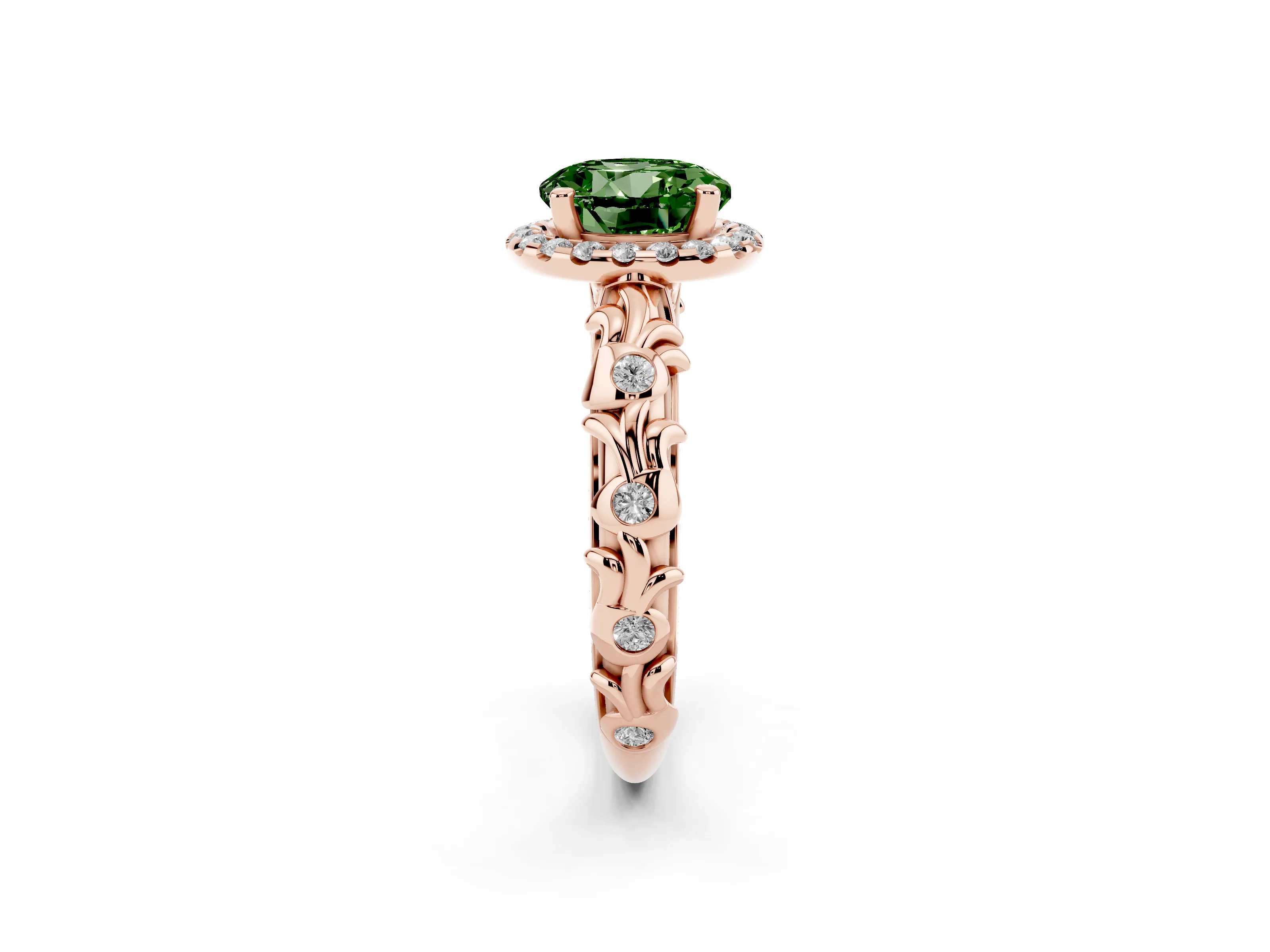 Fancy Green Round Cut Diamond Halo Ring Set in Rose gold with Filigree Leaf Band and Prong Setting