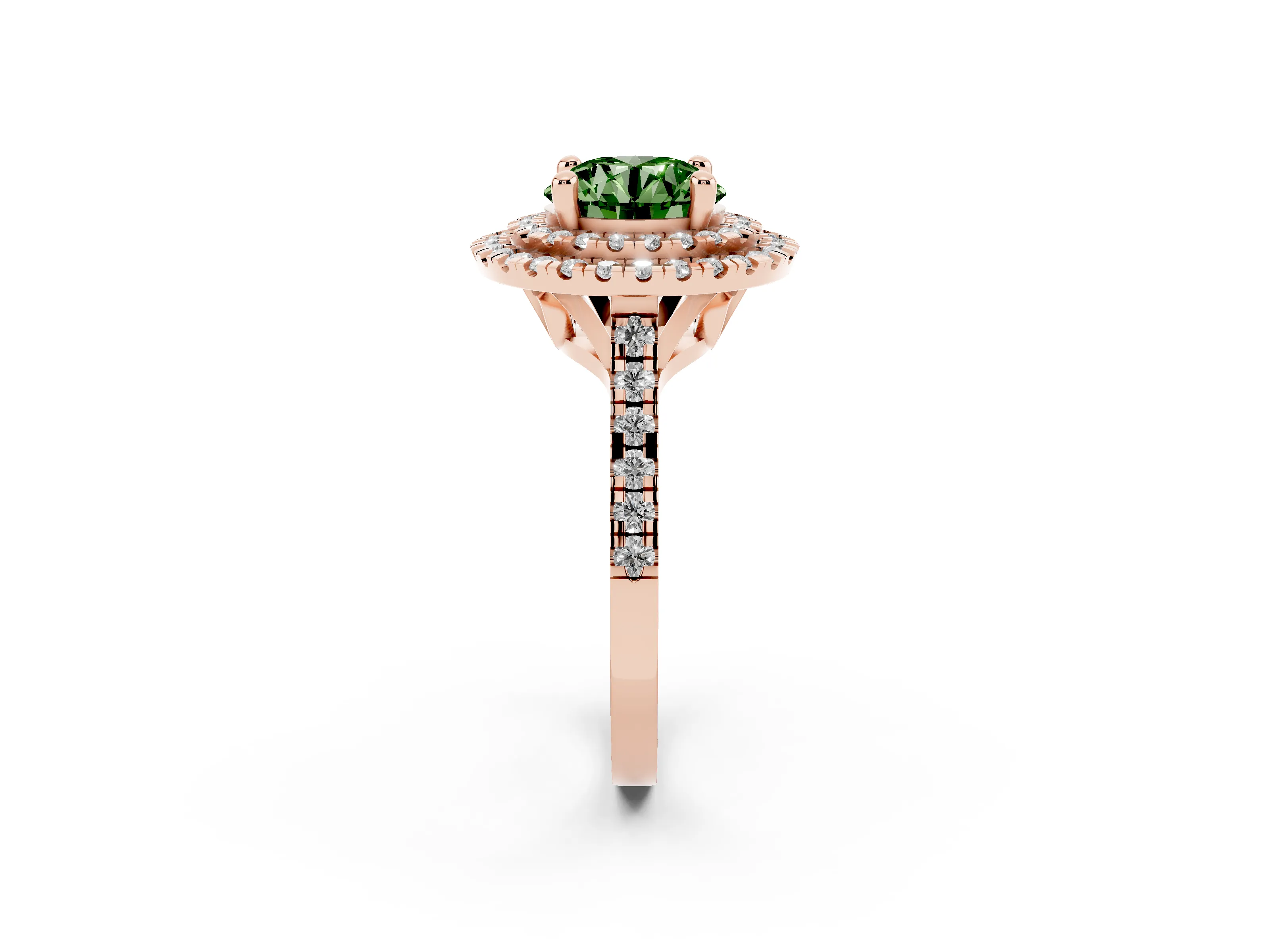 Fancy Green Round Cut Diamond Double Halo Statement Ring Set in Rose gold with Pavé Band