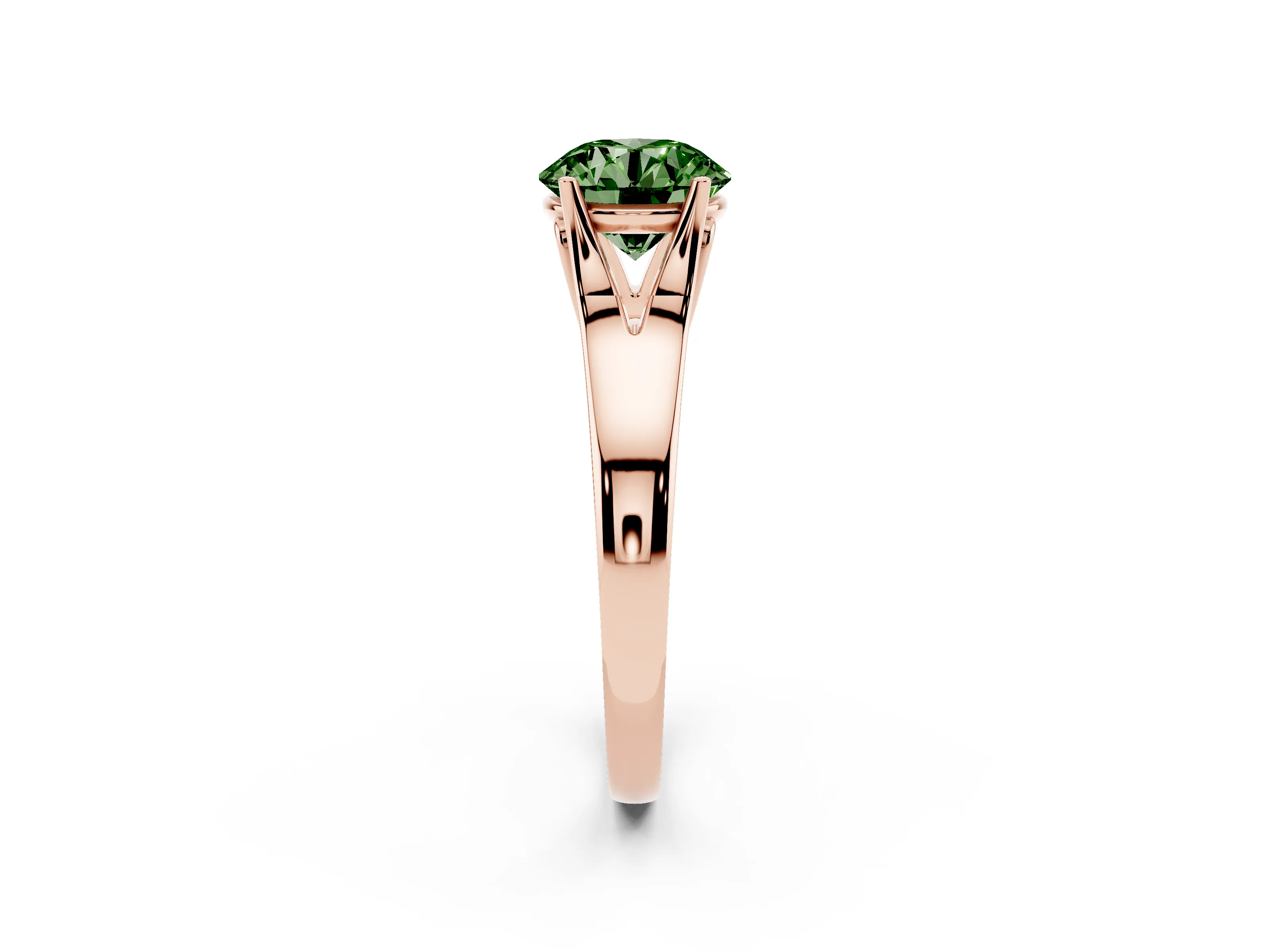 Fancy Green Round Cut Diamond Solitaire Ring Set in Rose gold with Arched Cathedral Band and Prong Setting