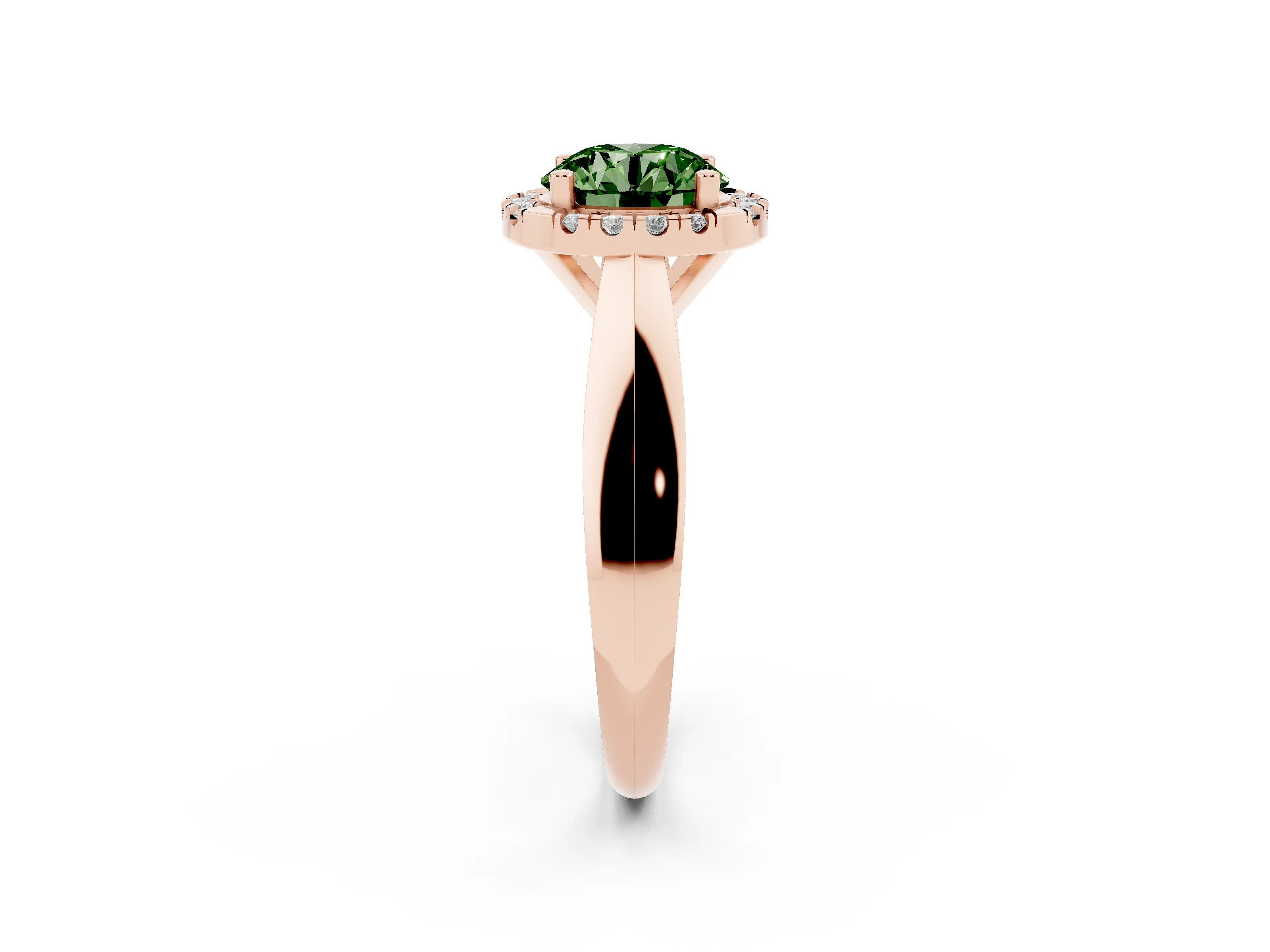 Fancy Green Round Cut Diamond Halo Solitaire Engagement Ring Set in Rose gold with Square Band and Prong Setting