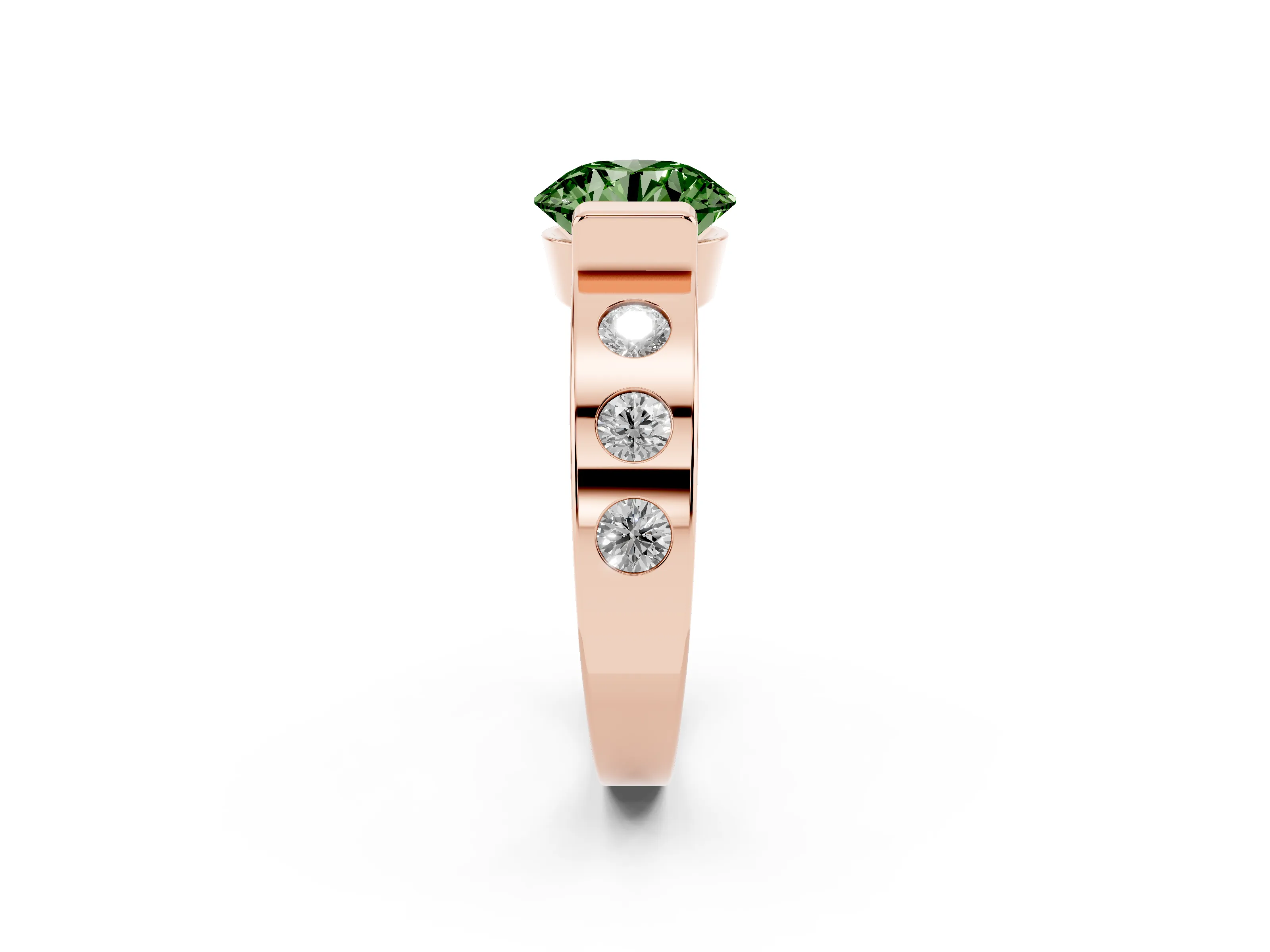 Fancy Green Round Cut Diamond Channel-Set Band Ring Set in Rose gold with Bezel Prong Setting