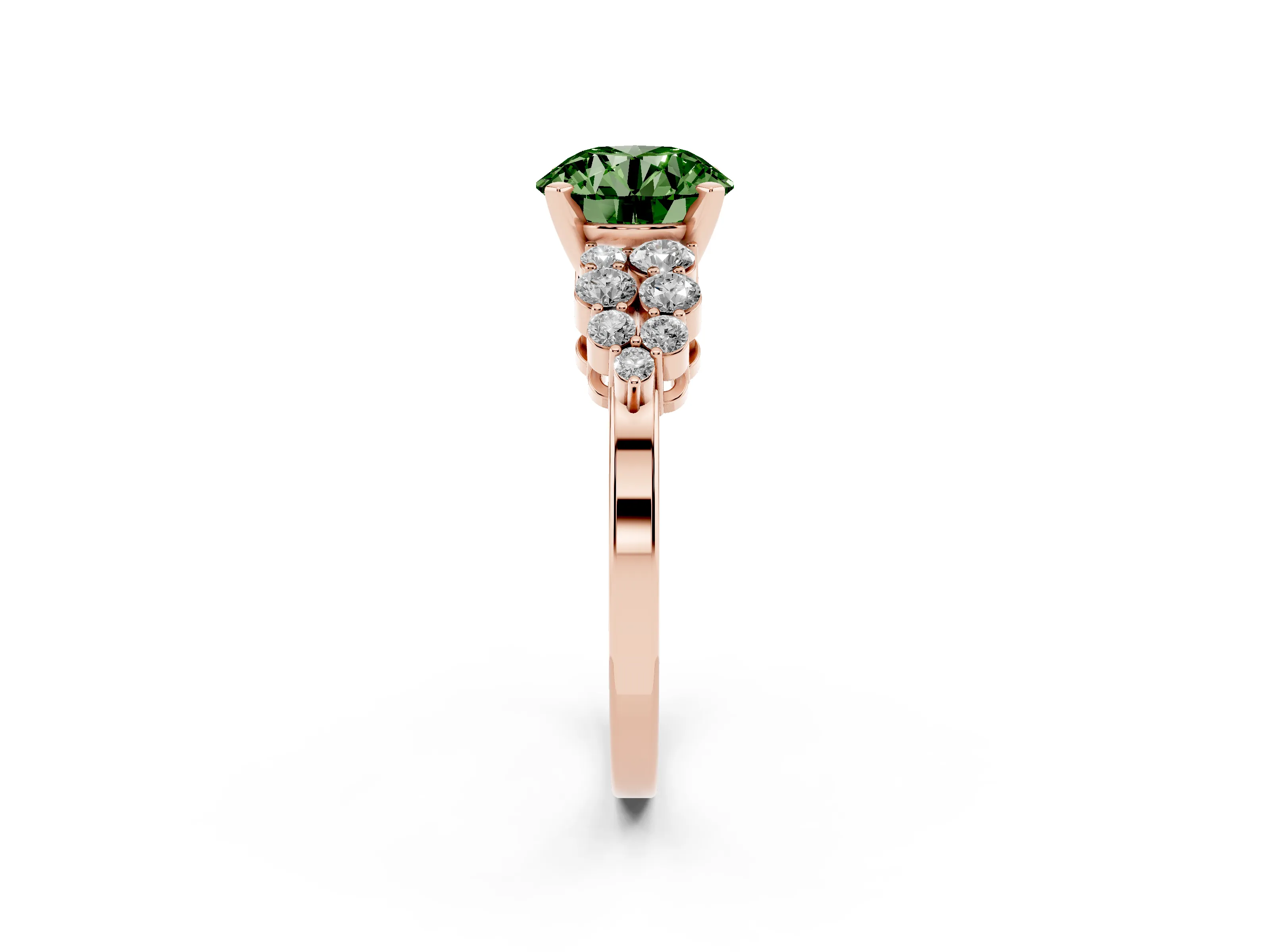 Fancy Green Round Cut Diamond Cluster Engagement Ring Set in Rose gold with Pavé Band and Prong Setting