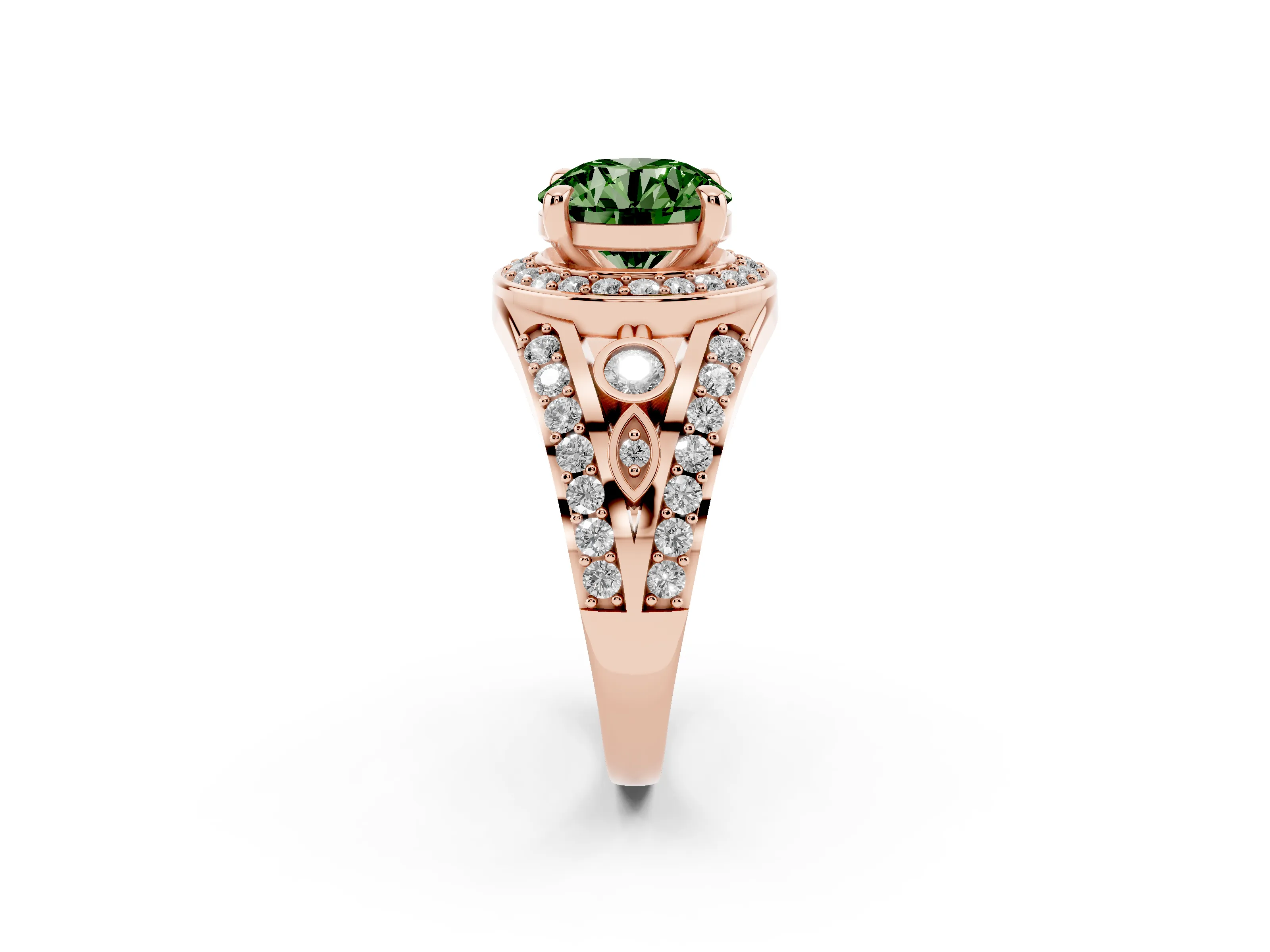 Fancy Green Round Cut Diamond Halo Ring Set in Rose gold with Pavé Split Shank and Bezel Accents