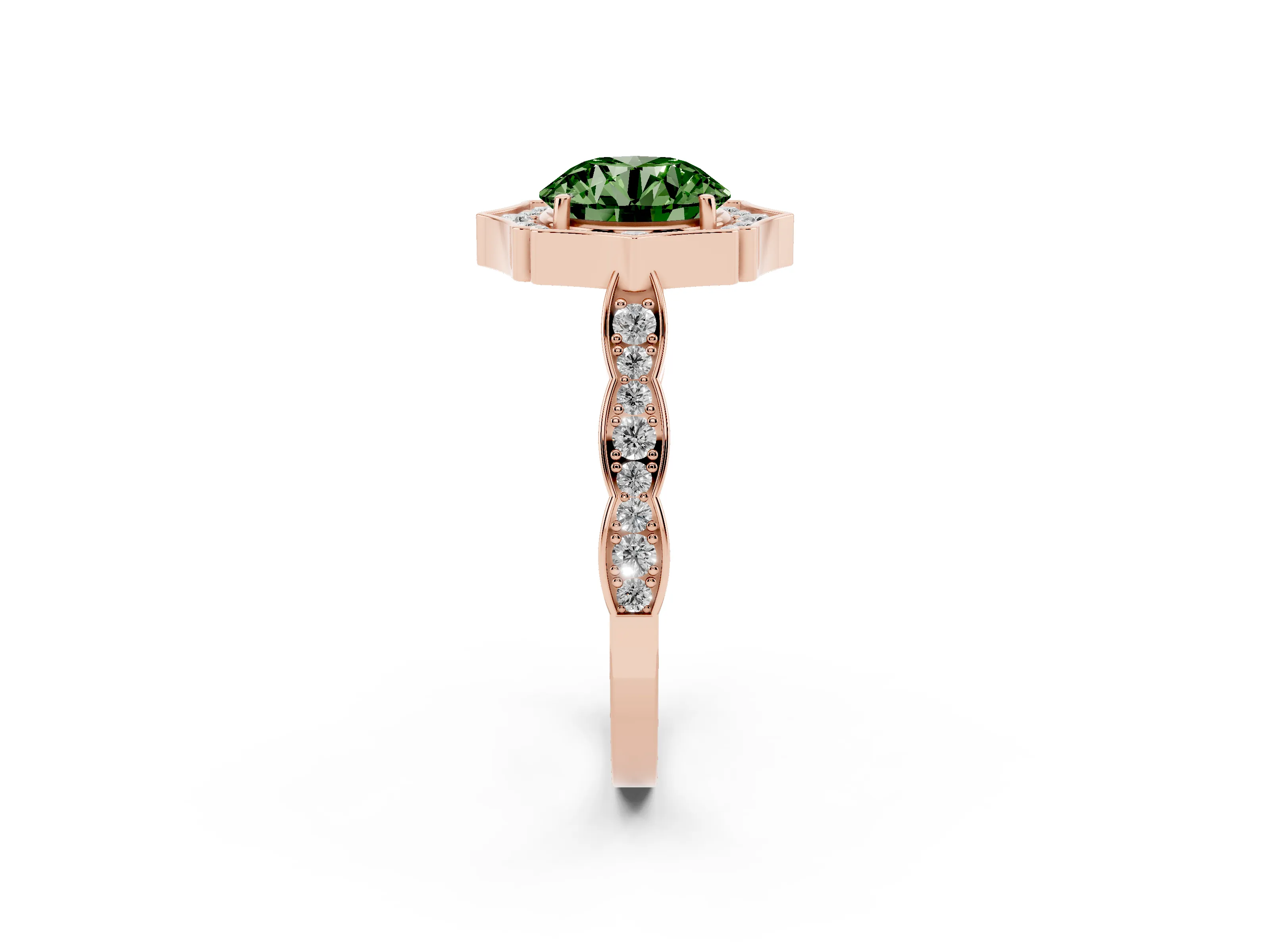 Fancy Green Round Cut Diamond Halo Engagement Ring Set in Rose gold with Milgrain Band and Prong Setting
