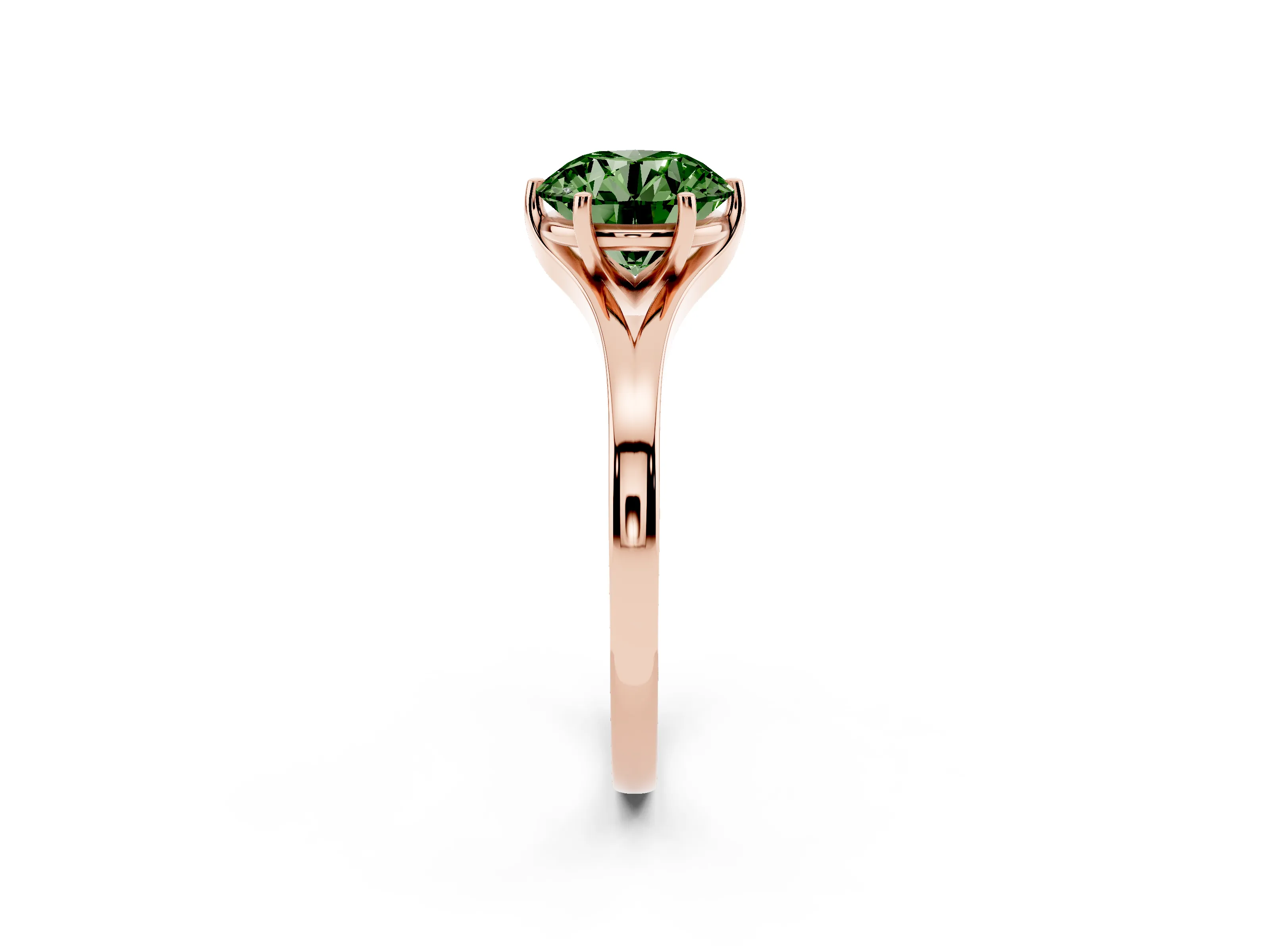 Fancy Green Round Cut Diamond Solitaire Ring Set in Rose gold with Polished Tapered Band and Prong Setting