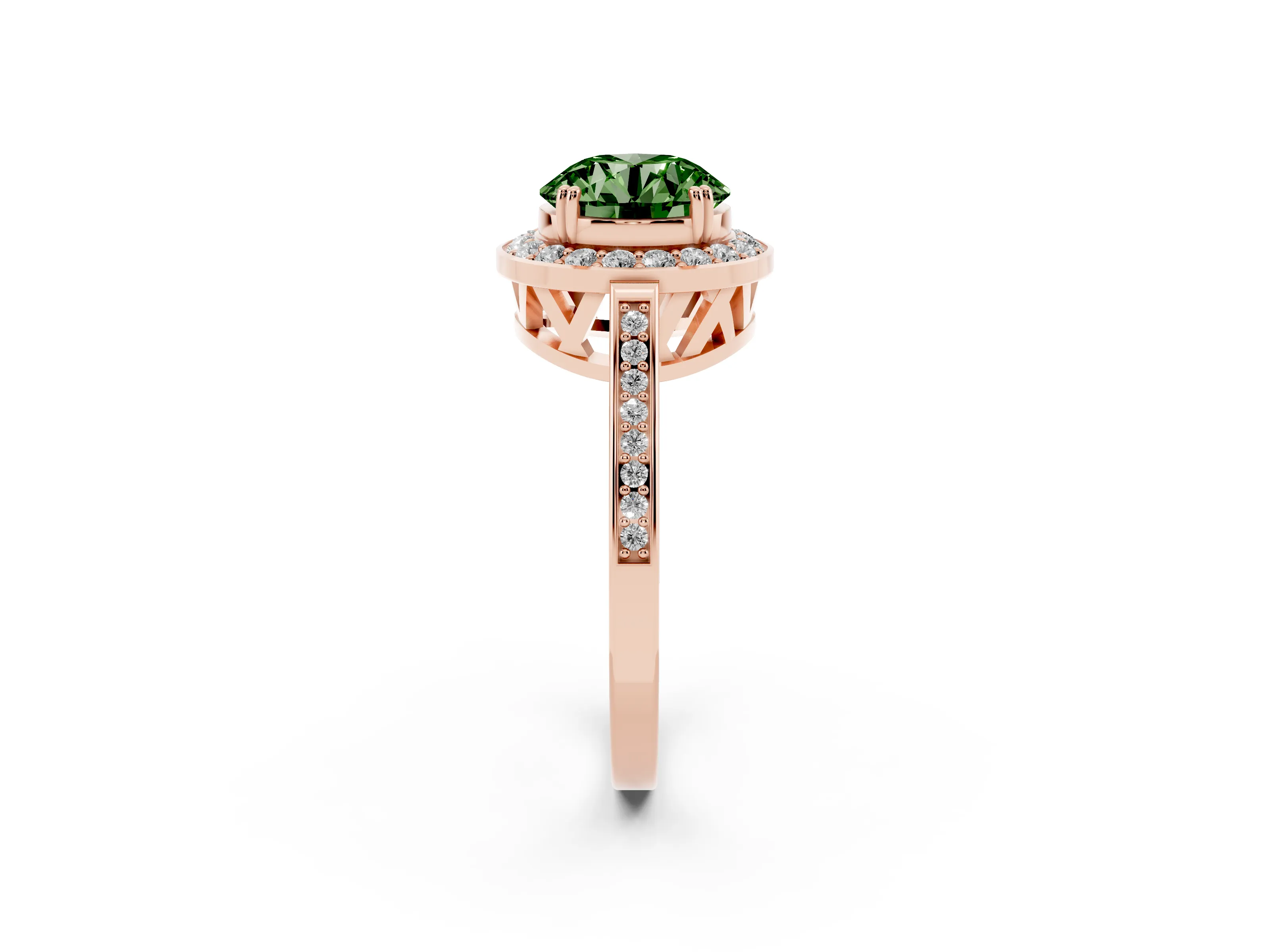 Fancy Green Round Cut Diamond Halo Ring Set in Rose gold with Accent-Lined Split Shank and Prong Setting