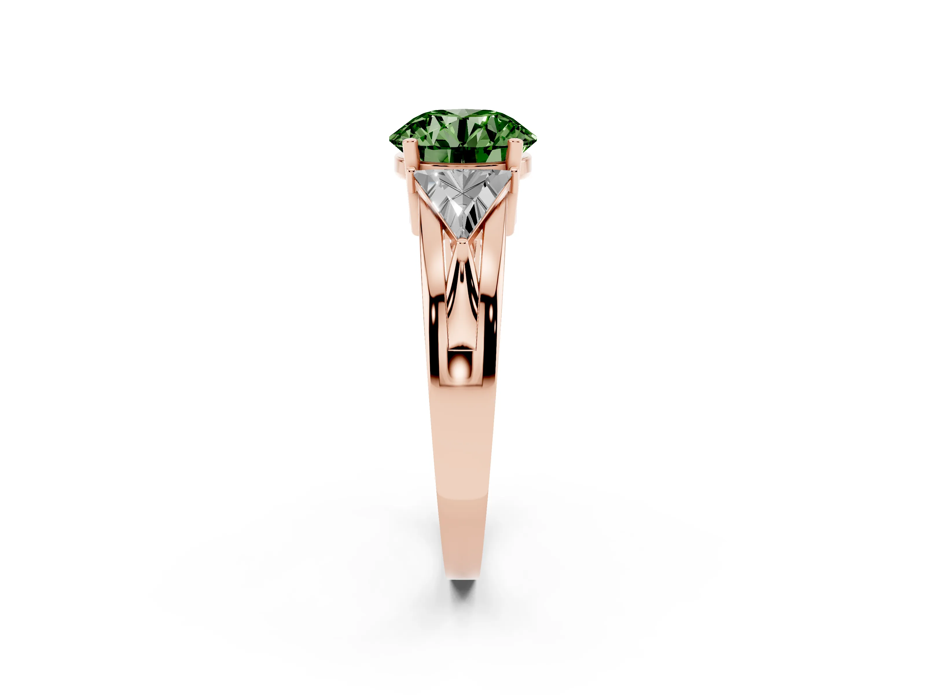 Fancy Green Round Cut Diamond Three-Stone Ring Set in Rose gold with Trillion Side Stones and Split Shank