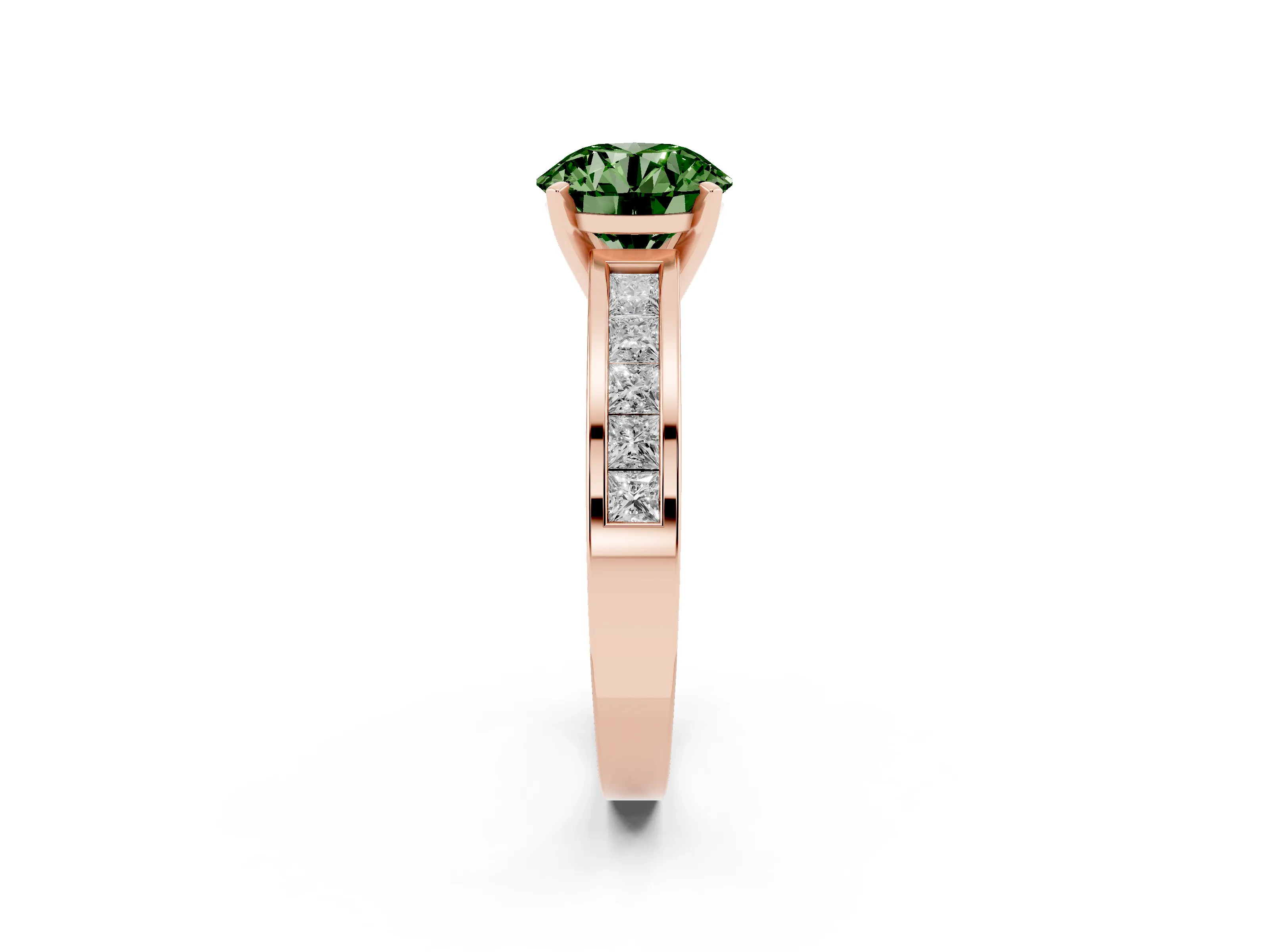 Fancy Green Round Cut Diamond Solitaire Ring Set in Rose gold with Channel-Set Band and Prong Setting